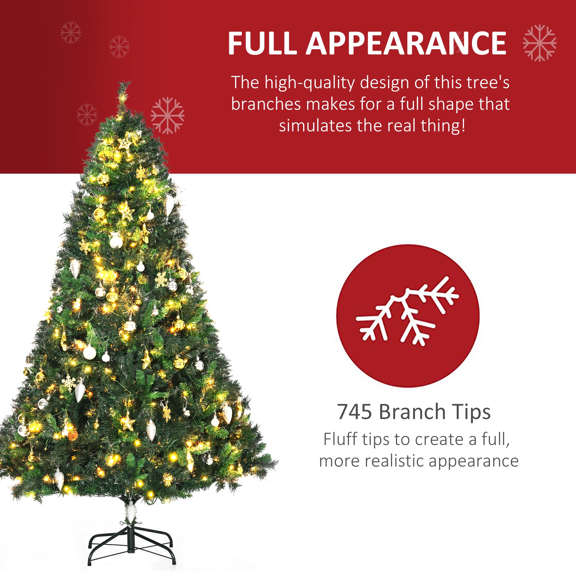 HOMCOM 1.8m 6ft Pre-Lit Artificial Christmas Tree 200 LED Xmas Tree Holiday Décor with Decorative Balls Ornament Metal Stand - North Peak Garden Furniture