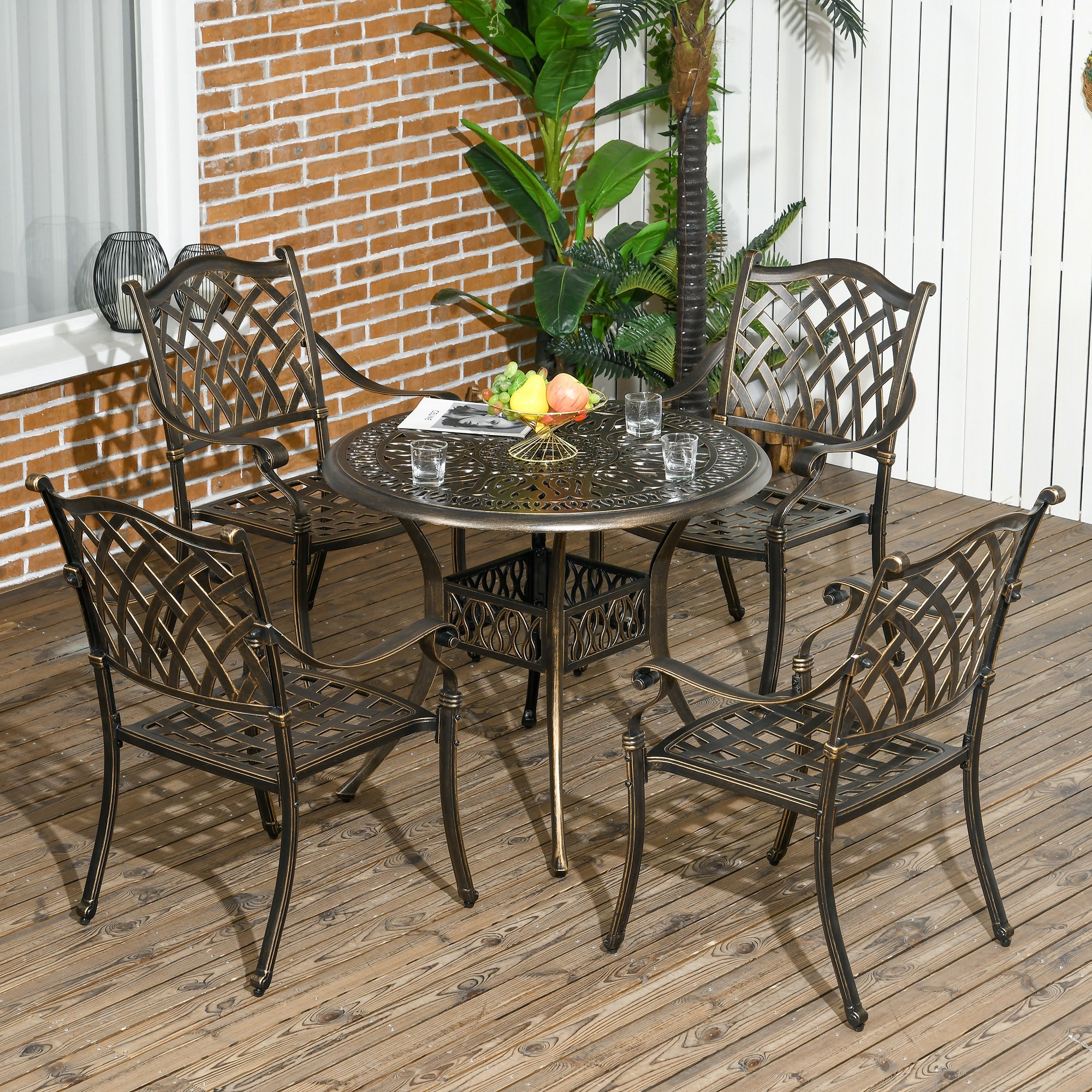 Outsunny 5-Piece Outdoor Furniture Dining Set, Cast Aluminum Conversation Set Includes 4 Chairs and Φ90cm Round Table with Φ50mm Umbrella Hole for Patio Garden Deck, Flower Design