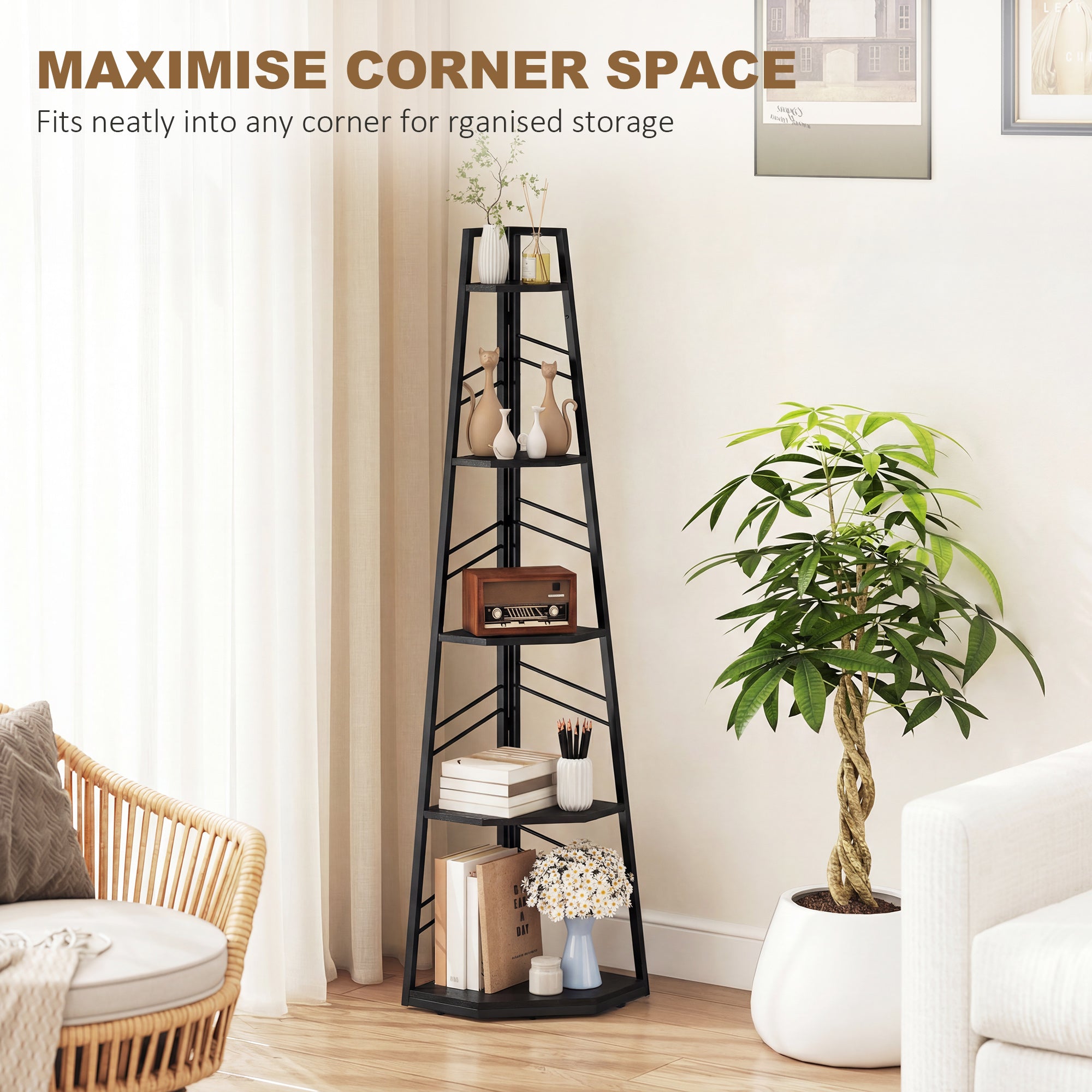 HOMCOM Corner Bookcase, 5-Tier Floor Standing Bookshelf, Shelving Unit for Living Room, Study, Bedroom, Black