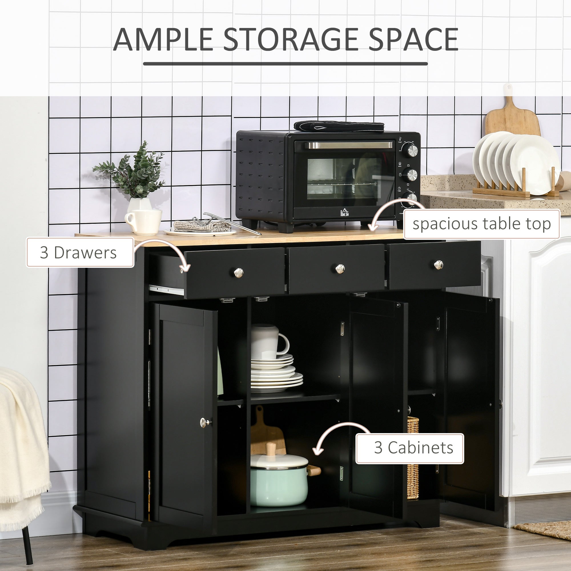 HOMCOM Sideboard with Rubberwood Top and Adjustable Shelves for Dining Room, Kitchen - Black - North Peak Garden Furniture