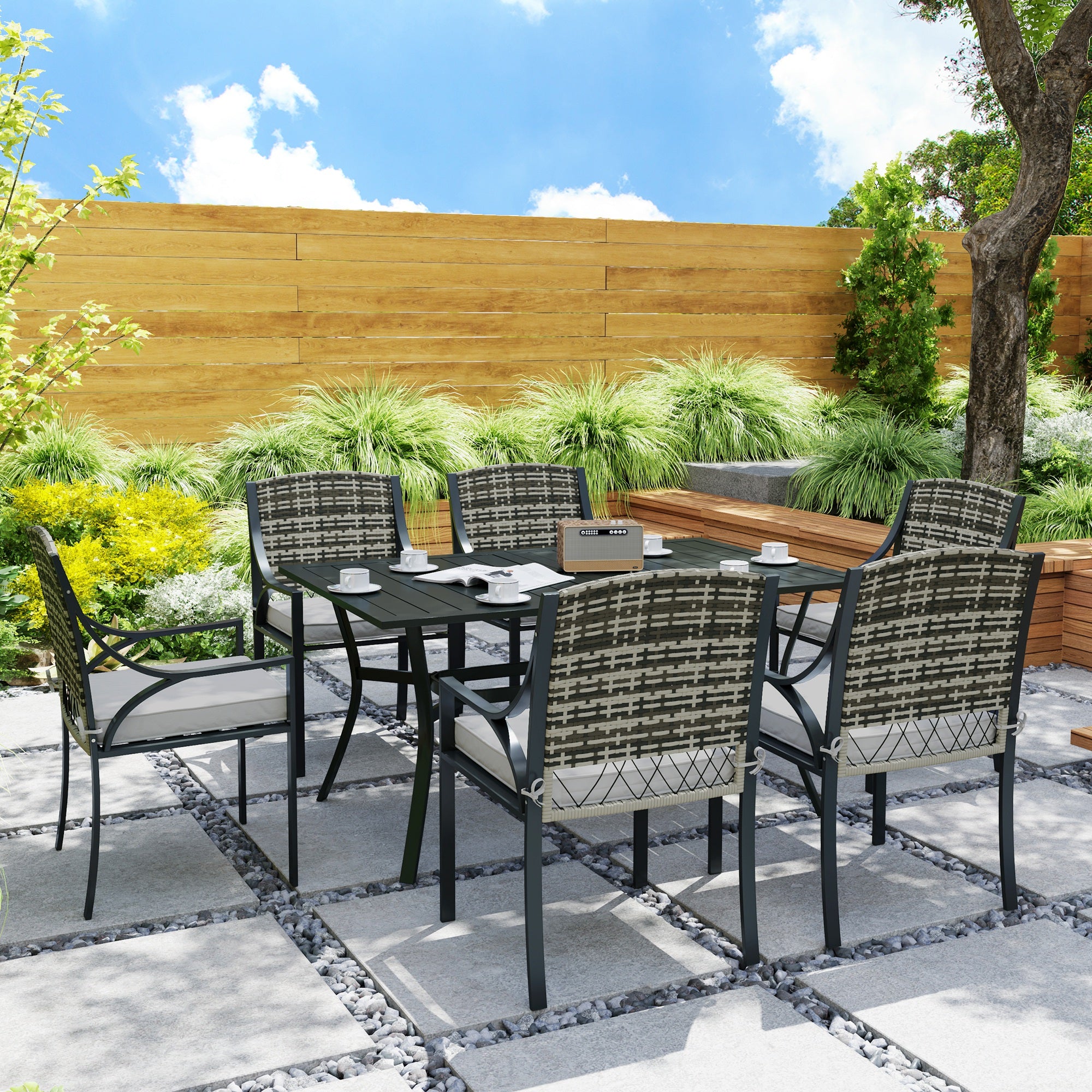 Outsunny Rattan Garden Furniture Set with Cushions, 6 Seater Rattan Dining Set with 6 Armchairs, 150 x 96cm Rectangular Table, Umbrella Hole, for Outdoor, Patio, Balcony, Terrace, Conservatory - North Peak Garden Furniture