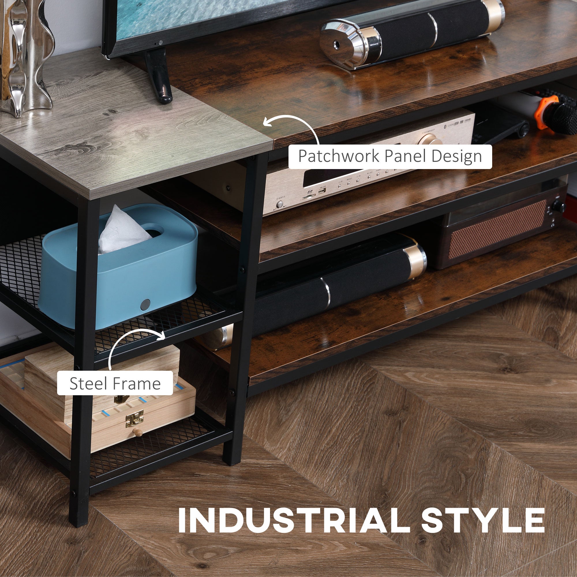 HOMCOM TV Unit Cabinet for TVs up to 60 Inches, Industrial TV Stand with Storage Shelves for Living Room, Brown and Grey - North Peak Garden Furniture