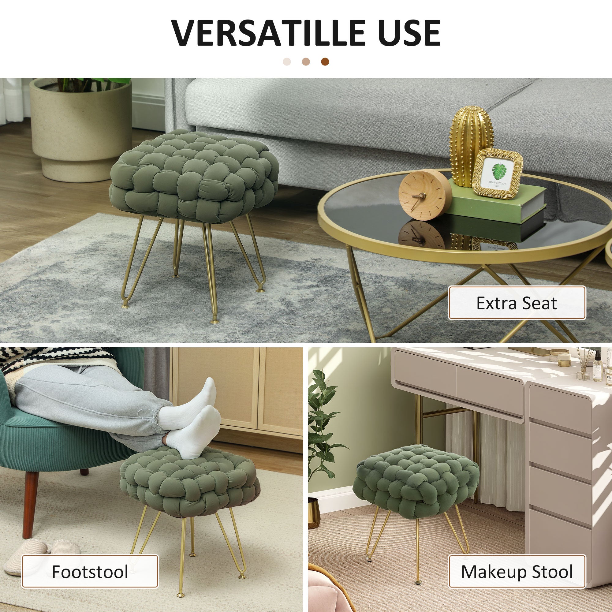 HOMCOM Velvet-Feel Bold Woven Footstool - Green - North Peak Garden Furniture