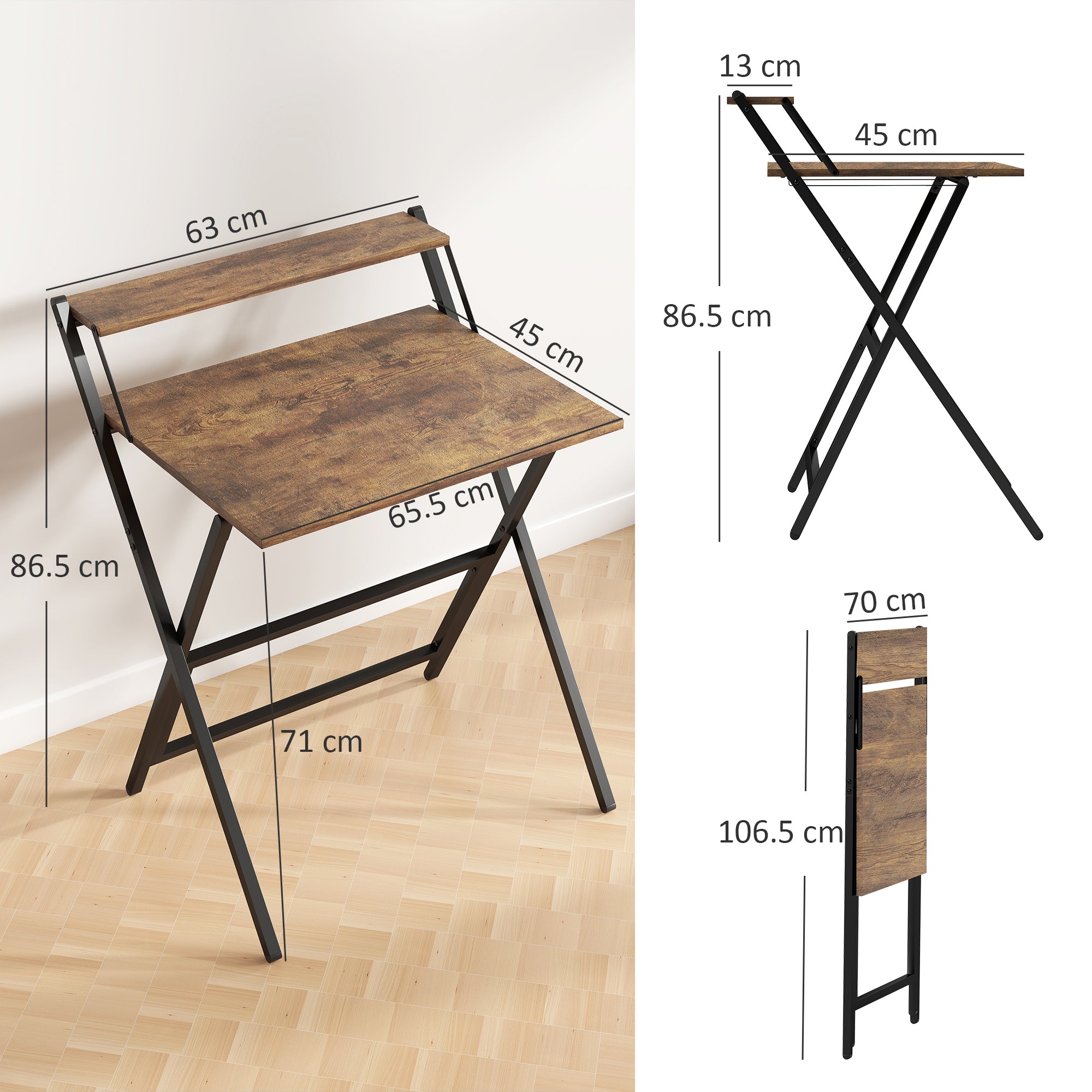 HOMCOM 70 cm Folding Computer Desk with Monitor Shelf - Rustic Brown - North Peak Garden Furniture