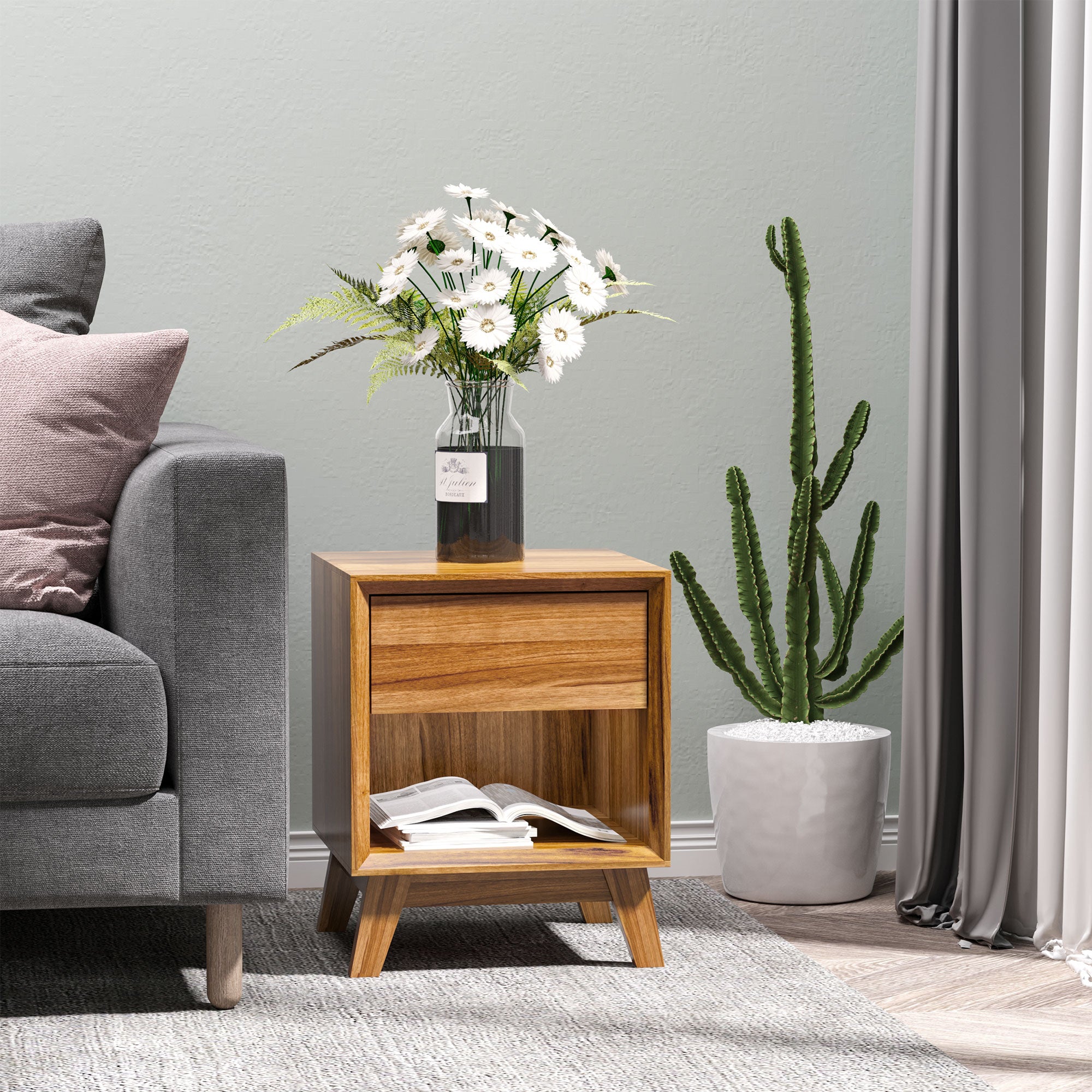 HOMCOM Modern Bedside Table Nightstand, Living Room End Table, Side Table with Drawer and Shelf, Walnut Brown - North Peak Garden Furniture