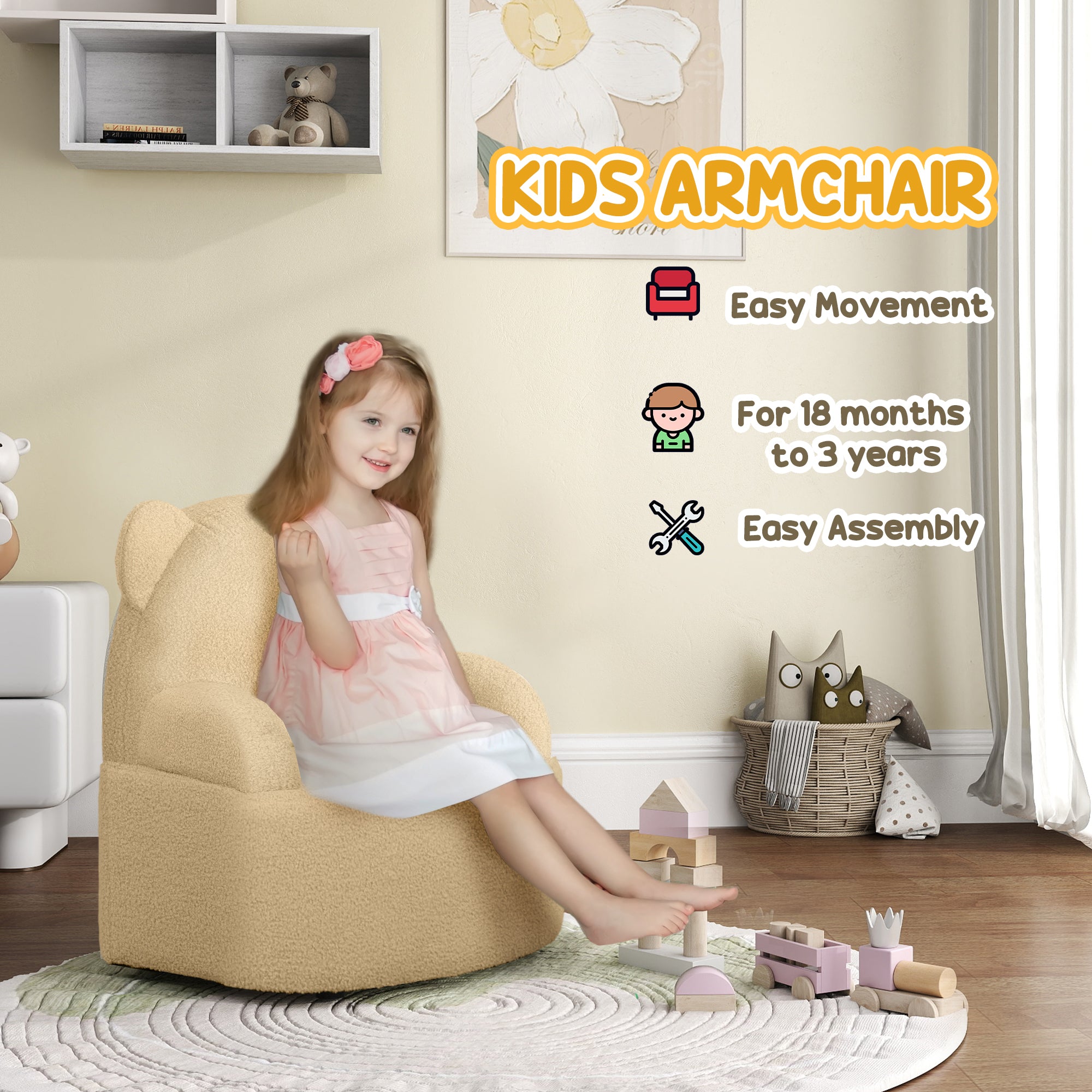 AIYAPLAY Kids Armchair, Bear Shaped Toddler Chair for Bedroom Playroom Living Room, Aged 18 Months to 3 Years - Khaki - North Peak Garden Furniture