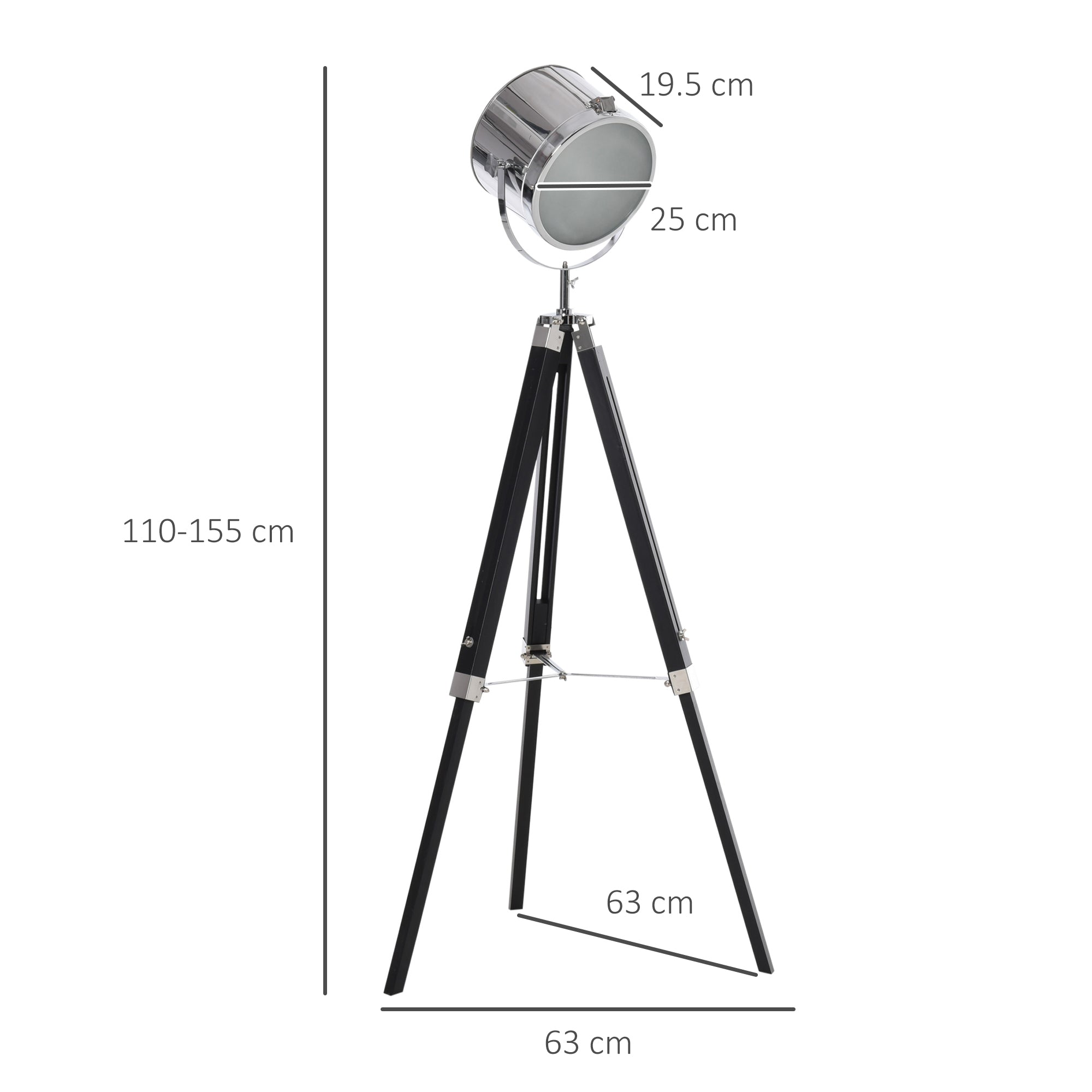 HOMCOM Industrial Style Adjustable Tripod Floor Lamp, Searchlight Lamp with Wooden Legs and Steel Lampshade, 110-155cm, Black