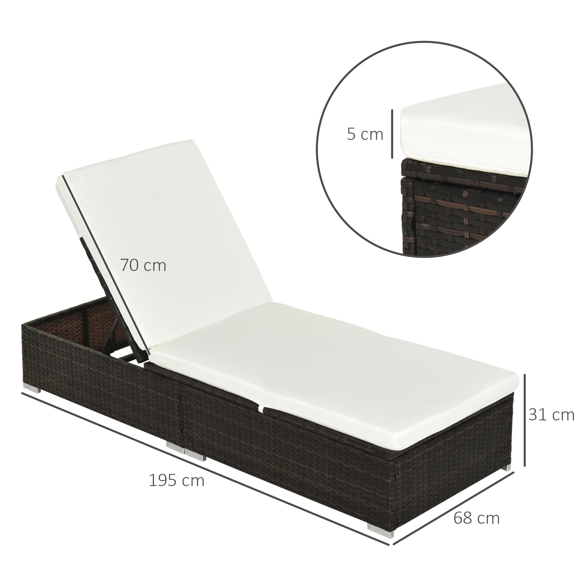 Outsunny PE Rattan Sun Lounger with Cushion, Outdoor Garden Sunbed Furniture with 5-Level Recliner Backrest, and Armrest, Set of 2, Brown - North Peak Garden Furniture