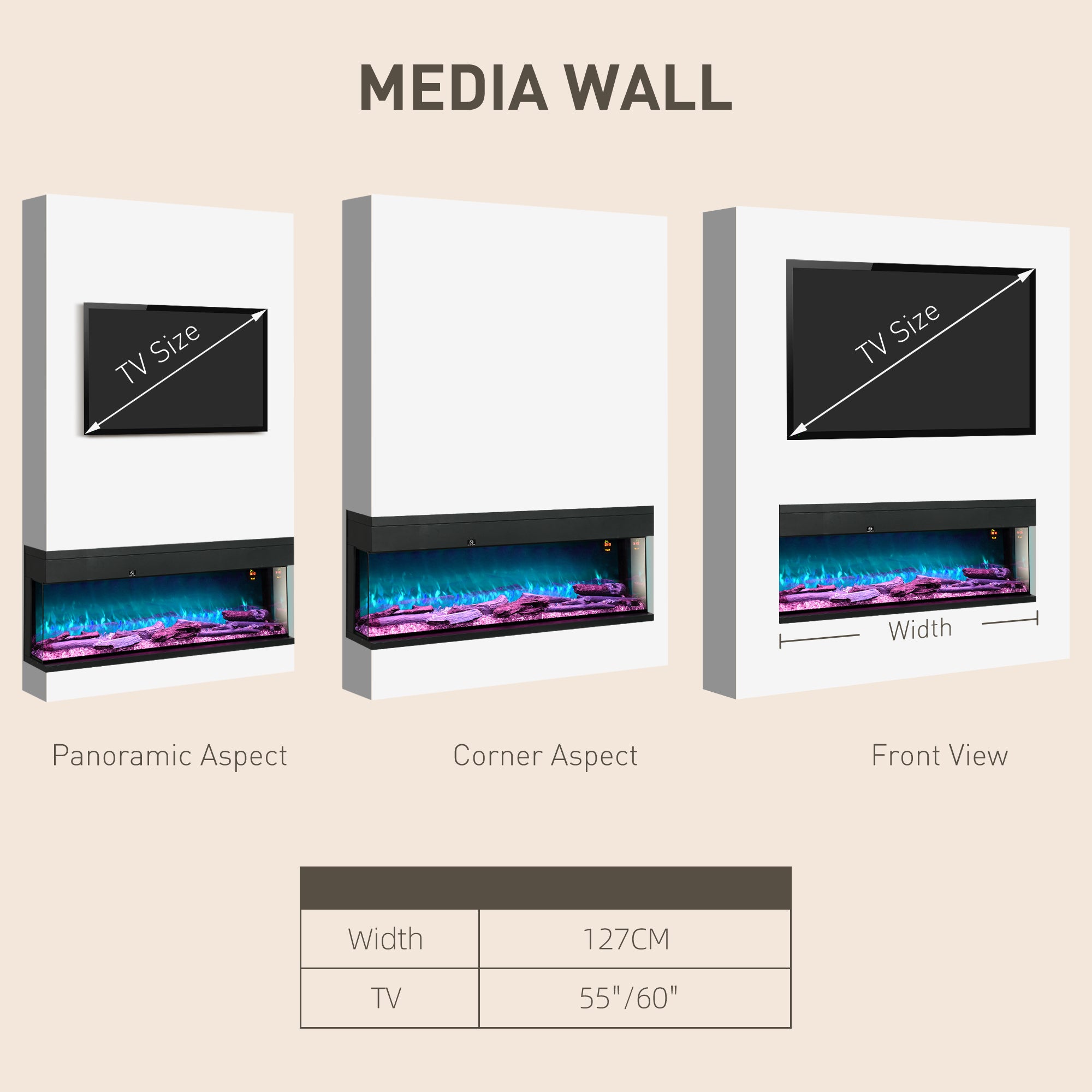 HOMCOM 1800W 15-40℃ Adjustable Flame Glass Panel Convector Heater, 127cm