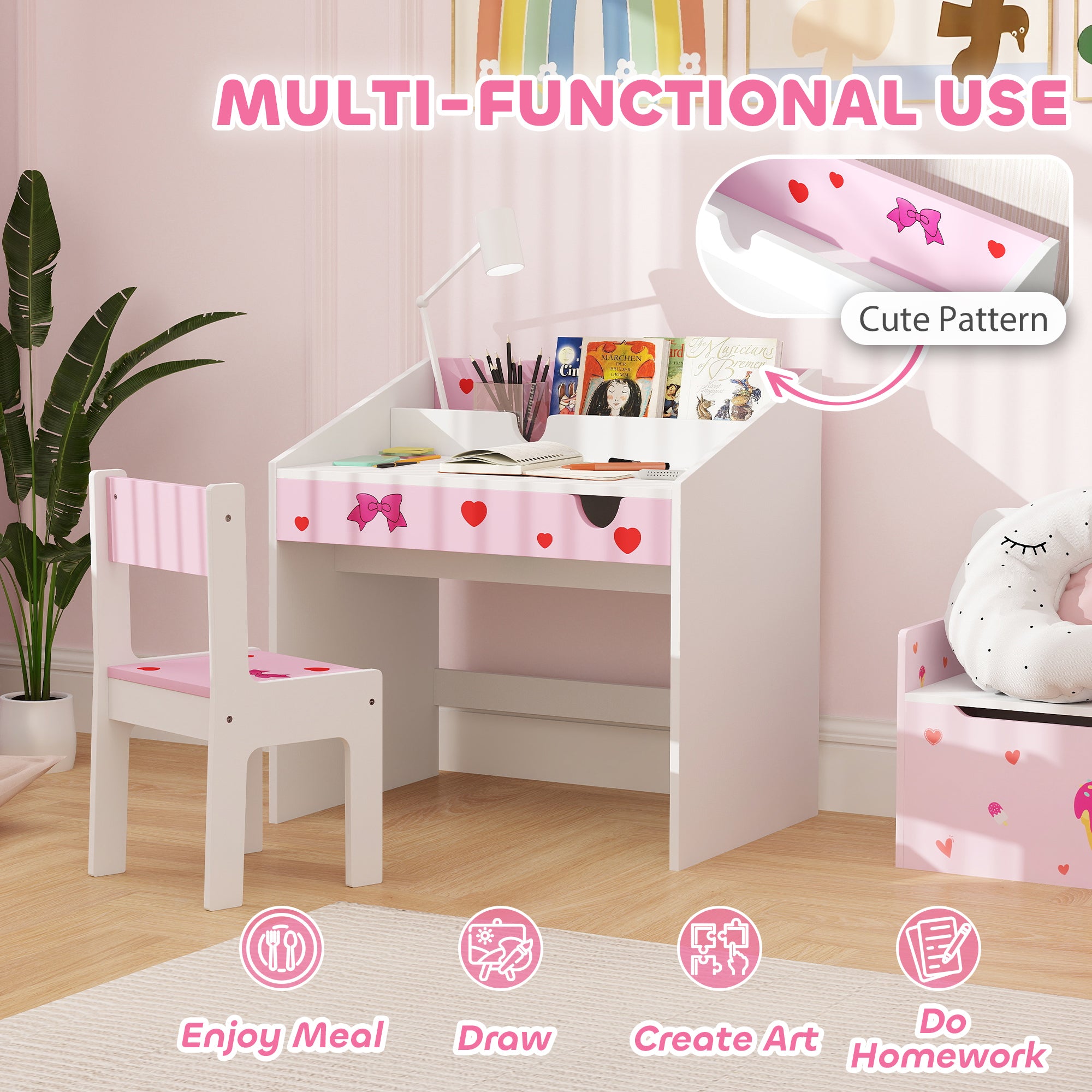 AIYAPLAY Children Study Table and Chair, Kids Desk and Chair Set with Storage, Pull-out Drawer, Gift for 3-6 Years Old - Pink - North Peak Garden Furniture