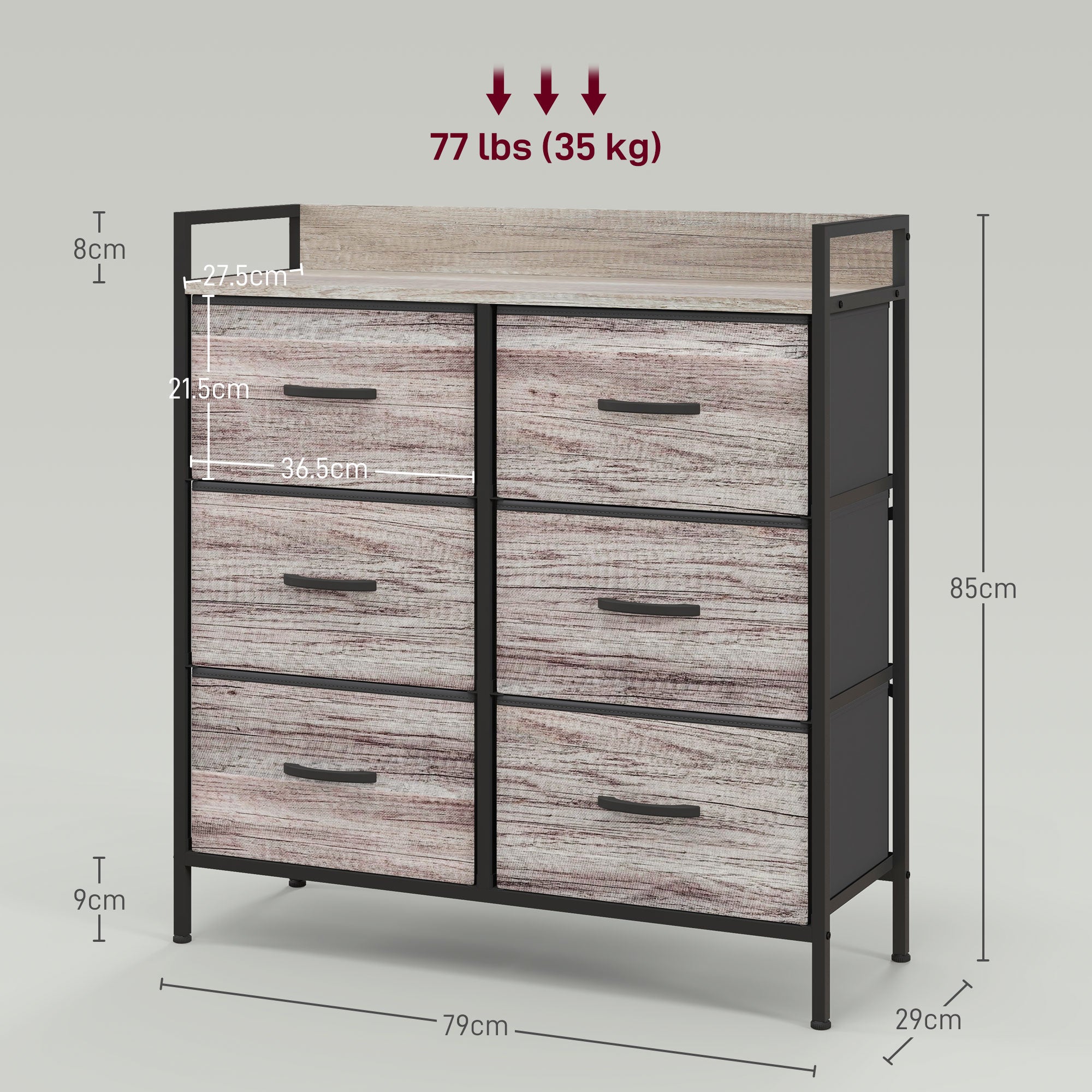 HOMCOM Rustic Chest of Six Fabric Drawers - Grey Wood Effect - North Peak Garden Furniture