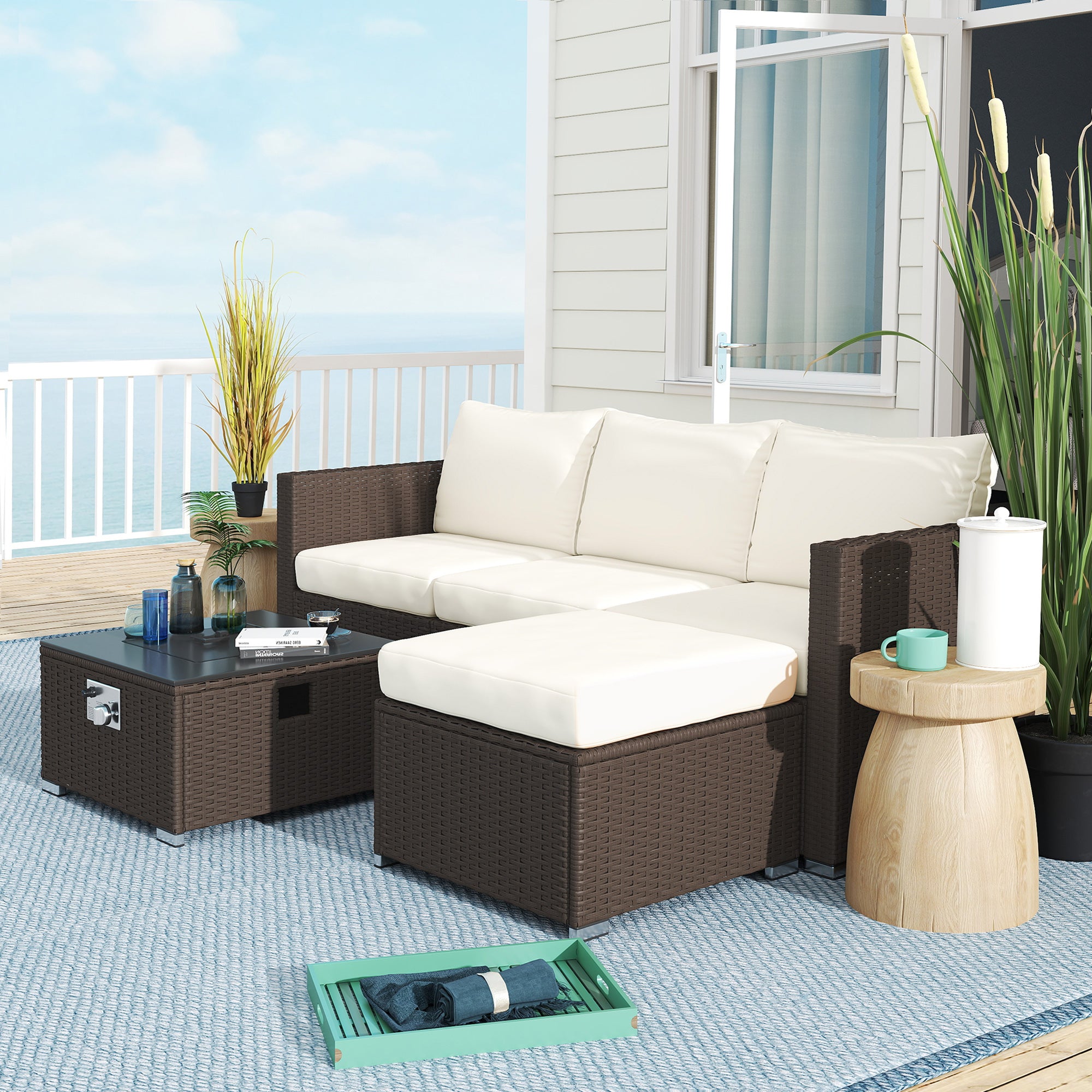 Outsunny Five Piece Rattan Garden Furniture Set with Gas Fire Pit Table and Footstool - Brown and Cream White - North Peak Garden Furniture