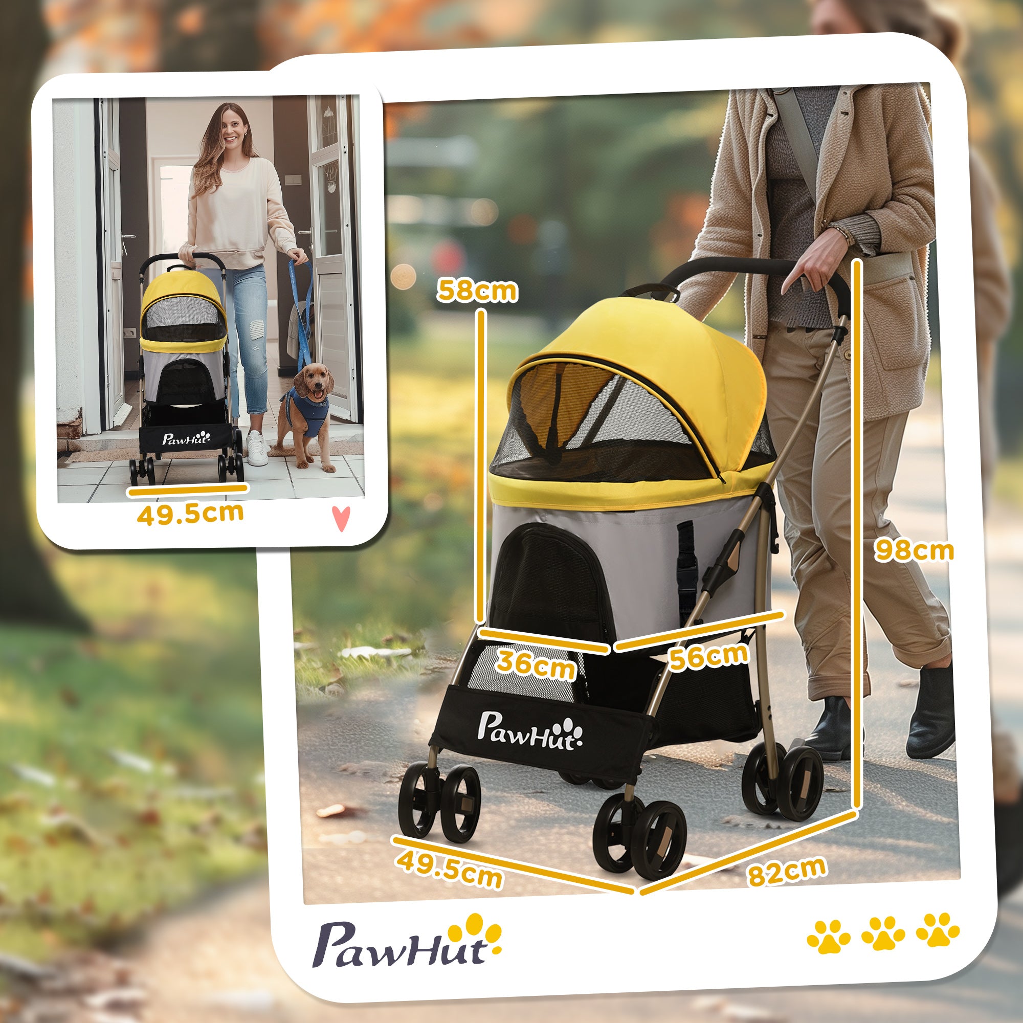 PawHut 3 In 1 Detachable Pet Stroller, for Extra Small and Small Dogs - Yellow - North Peak Garden Furniture