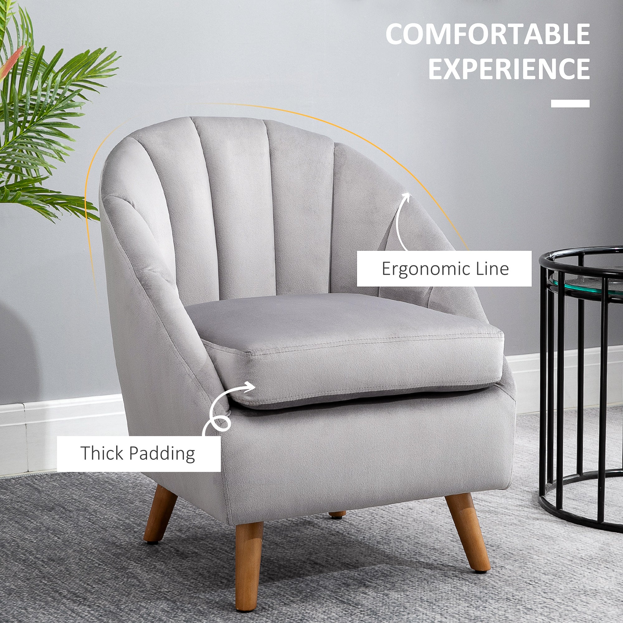 HOMCOM Accent Chair Velvet Fabric Single Sofa Armchair Home Living Room Solid Wood Leg Upholstered Side Armchair Grey - North Peak Garden Furniture