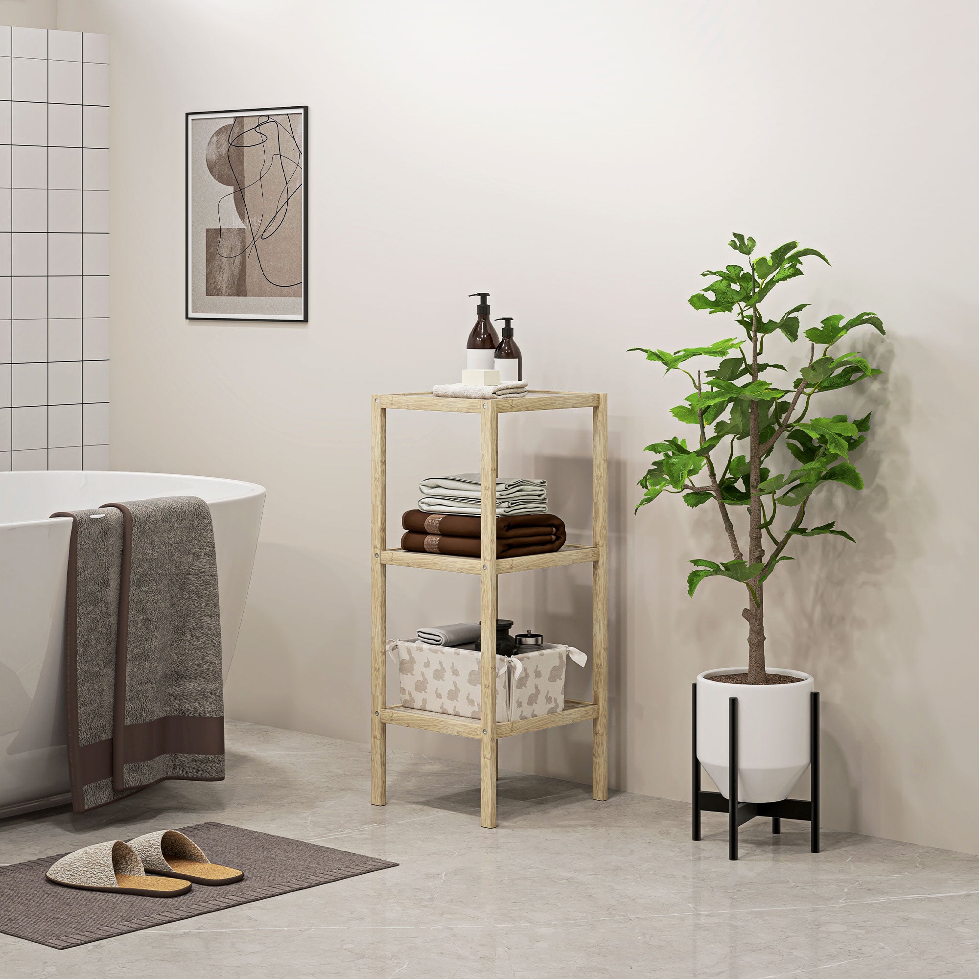 HOMCOM 3-Tier Bamboo Bathroom Storage Shelves, Freestanding Storage Shelving Unit, Multifunctional Display Plants Stand Shelf Rack Organiser, Natural - North Peak Garden Furniture