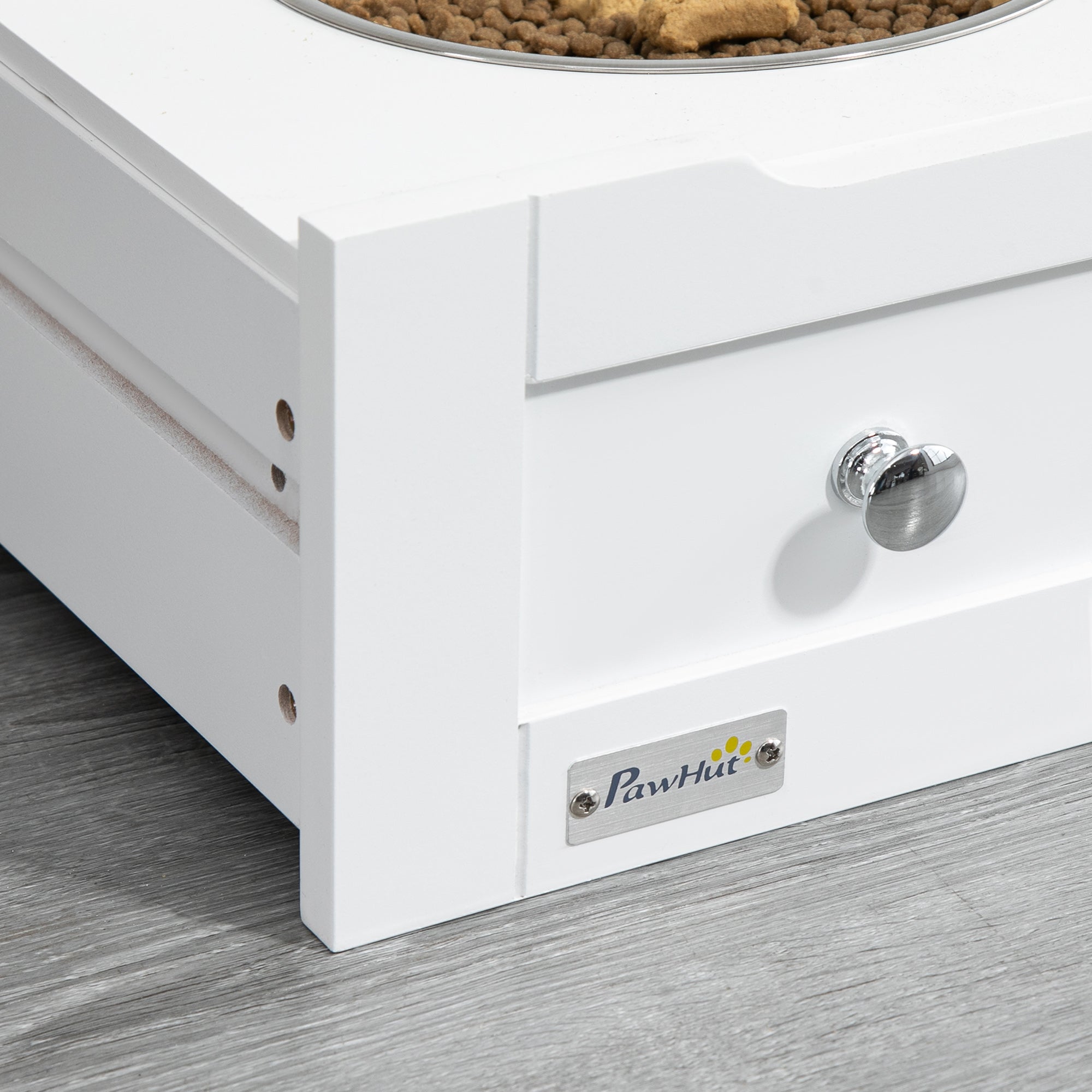 PawHut Pet Feeder Station, Dog, Cat Storage Container, with Raised Bowls, Hanger, Cabinet - White - North Peak Garden Furniture