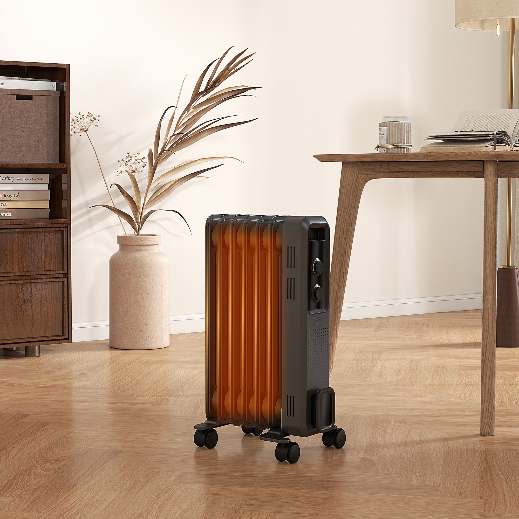 HOMCOM 1500W Oil Filled Radiator, 7 Fin, Portable Electric Heater with 3 Heat Settings, Safety Cut-Off and Wheels, Grey - North Peak Garden Furniture
