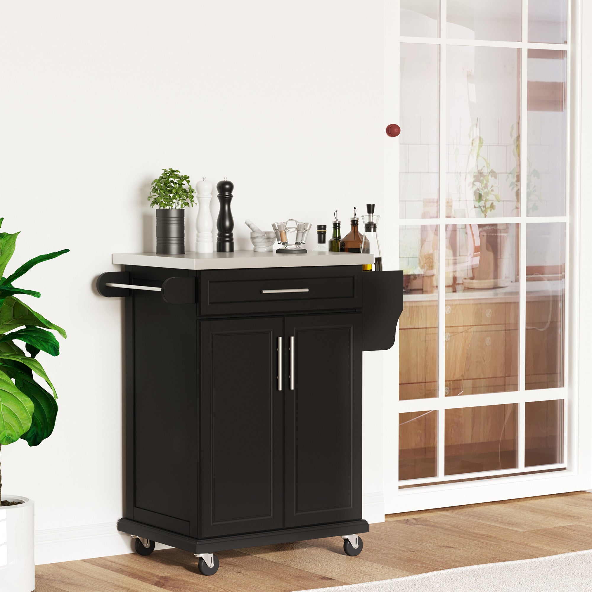 HOMCOM Wooden Kitchen Island on Wheels, Serving Cart Storage Trolley with Stainless Steel Top, Drawer, Side Handle and Rack, Black - North Peak Garden Furniture