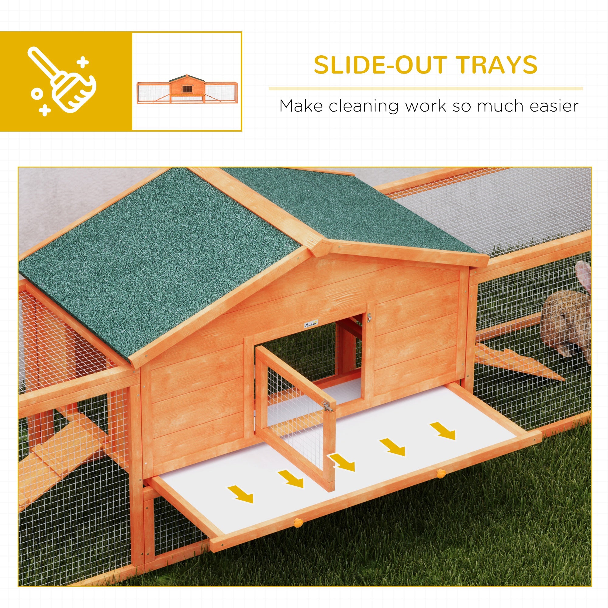 PawHut Wooden Rabbit Hutch with Run, Tray, Ramps, Asphalt Roof, 309 x 70 x 87cm, Orange - North Peak Garden Furniture