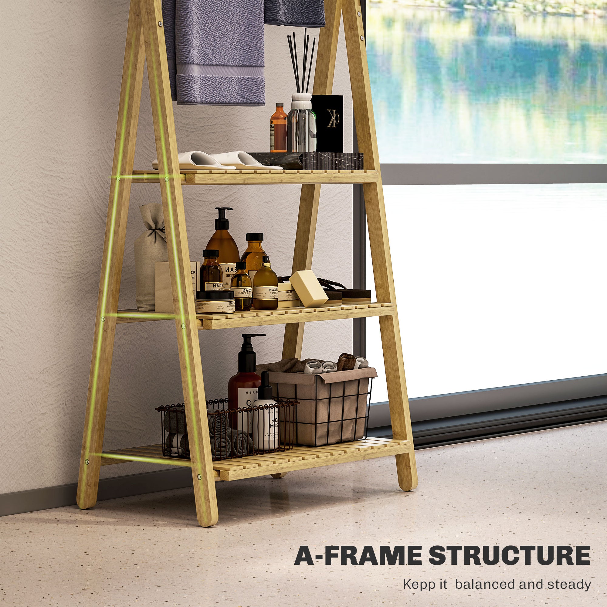 HOMCOM Three-Shelf Bamboo Storage Unit, with Towel Racks - Natural Finish - North Peak Garden Furniture