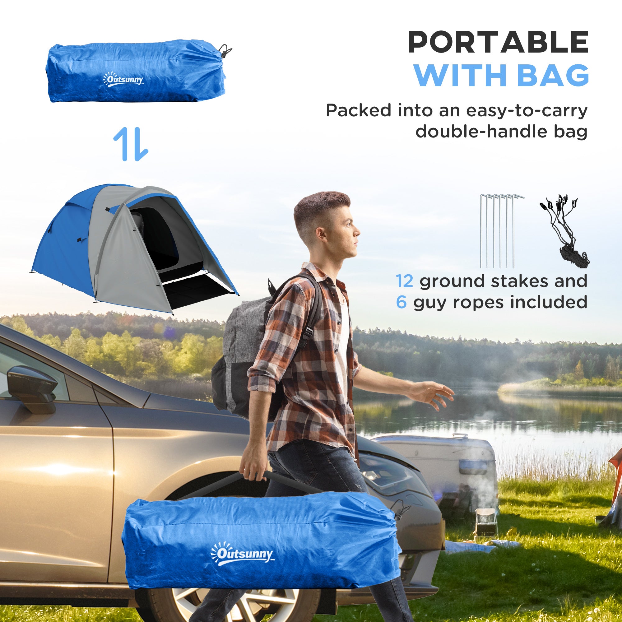 Outsunny Two-Man Dome Tent, with Front Porch and Accessories - Blue/Grey - North Peak Garden Furniture
