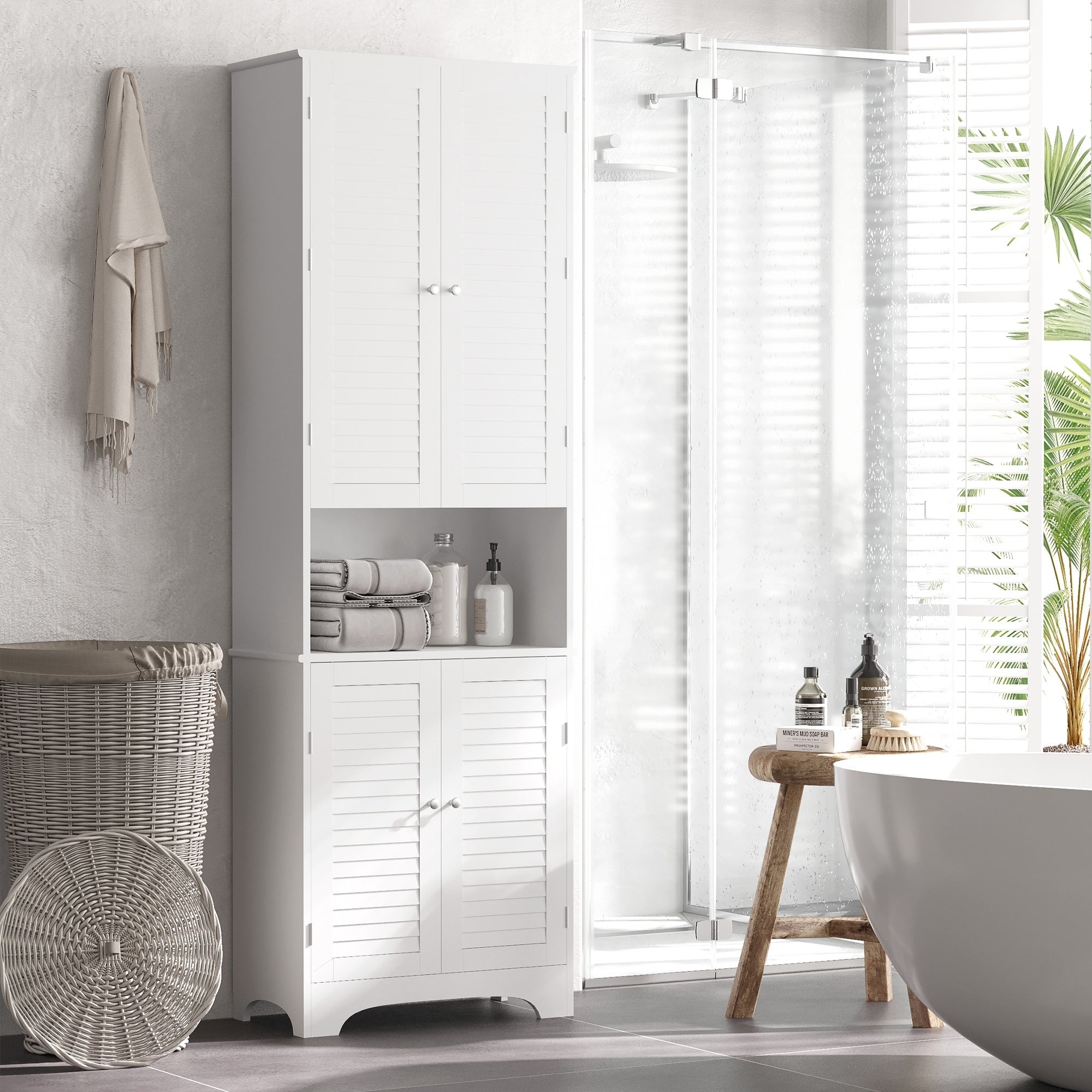 HOMCOM Tall Freestanding Bathroom Cabinet Retro Shutters w/ 3 Compartments Shelves Elevated Base Narrow Organiser White 60L x 30W x 182.5H cm - North Peak Garden Furniture