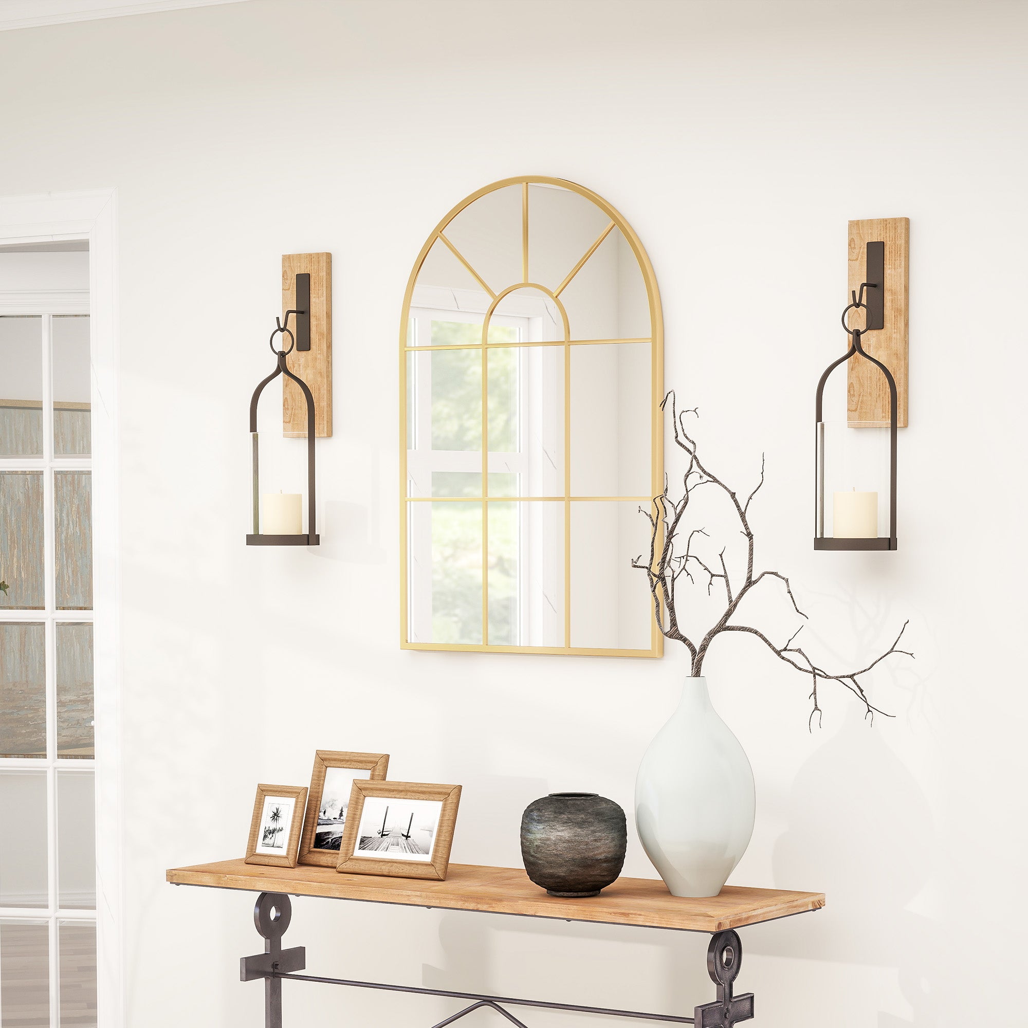 HOMCOM Modern Arched Wall Mirror, 91 x 60 cm Window Mirrors for Living Room, Bedroom, Gold Tone - North Peak Garden Furniture