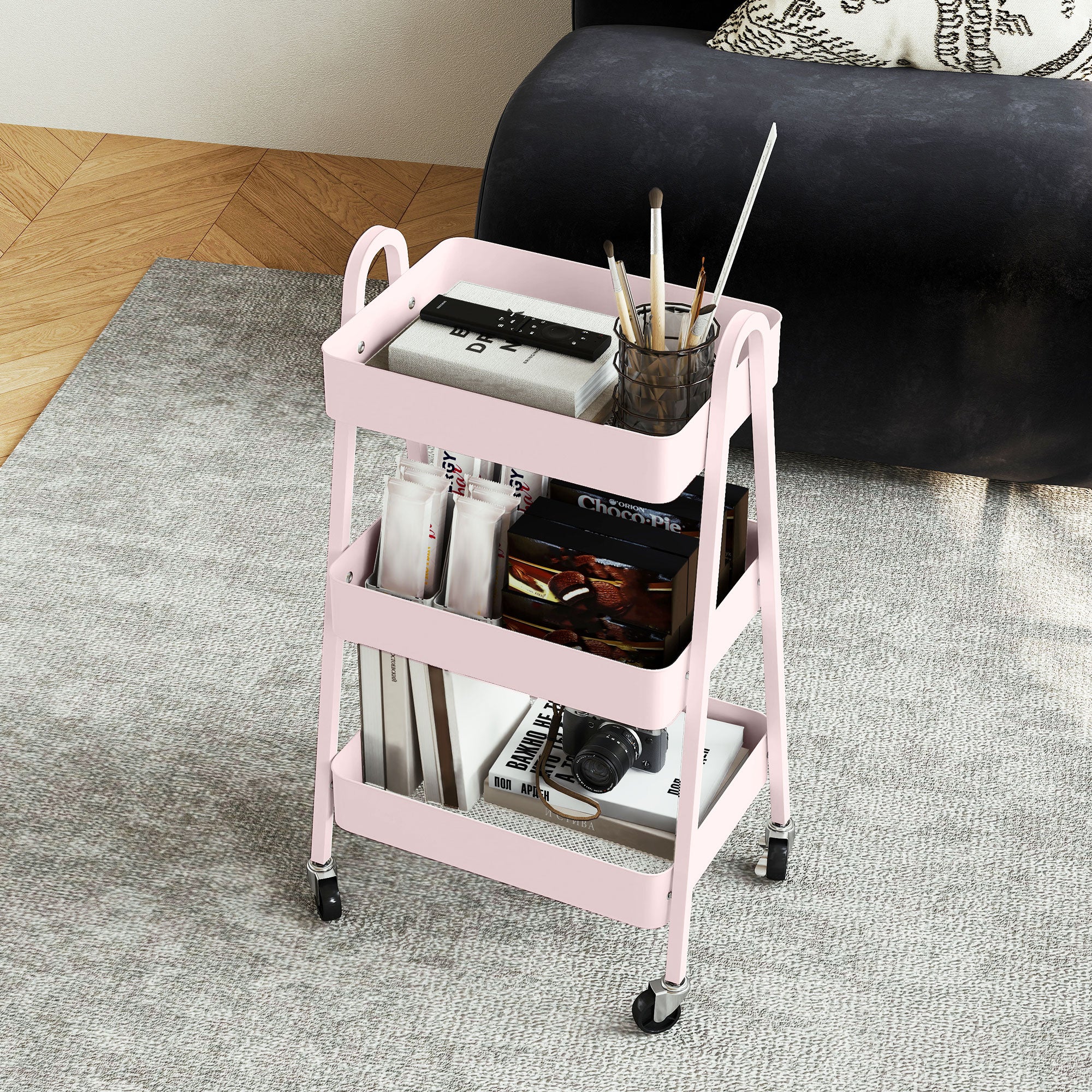 HOMCOM Three-Tier Storage Trolley - Pink - North Peak Garden Furniture