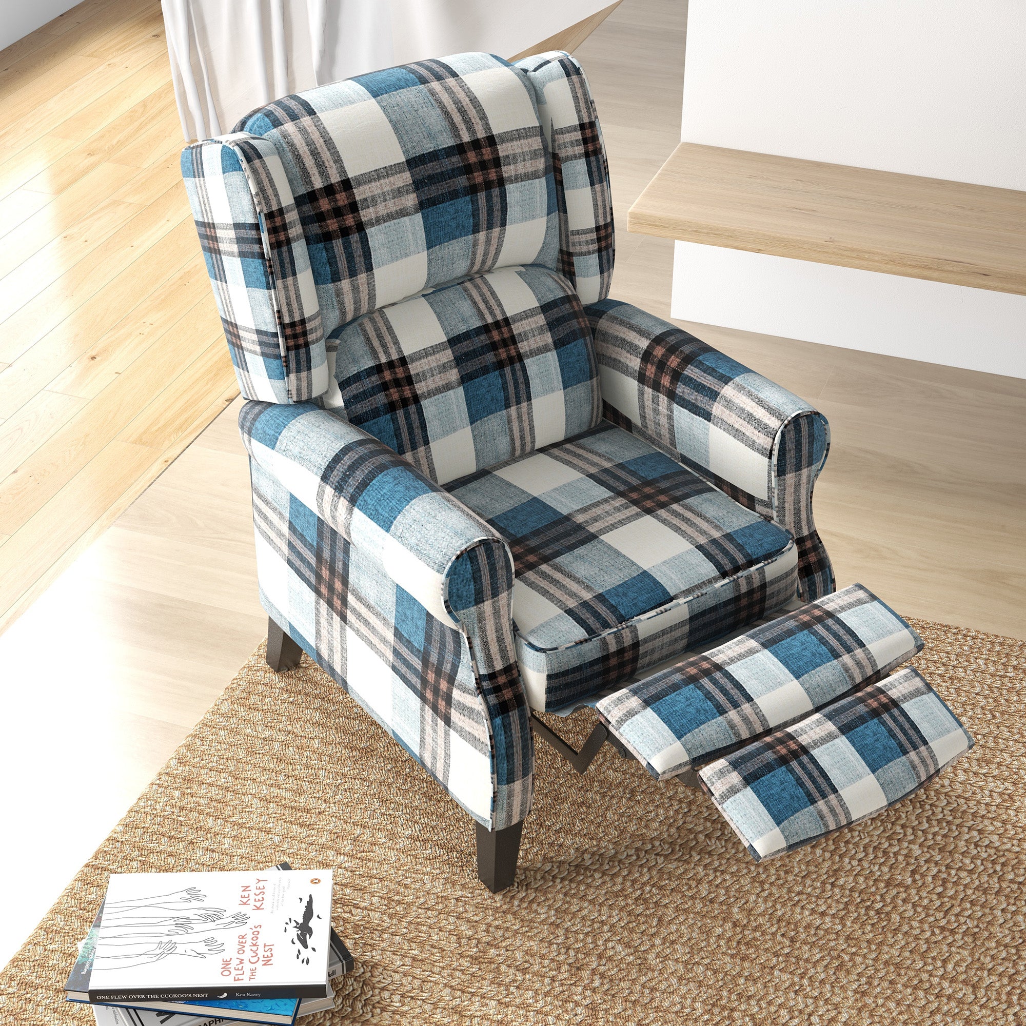 HOMCOM Wingback Reclining Chair Push Back Recliner Armchair for Living Room Bedroom with Footrest Armrests Wood Legs Blue - North Peak Garden Furniture