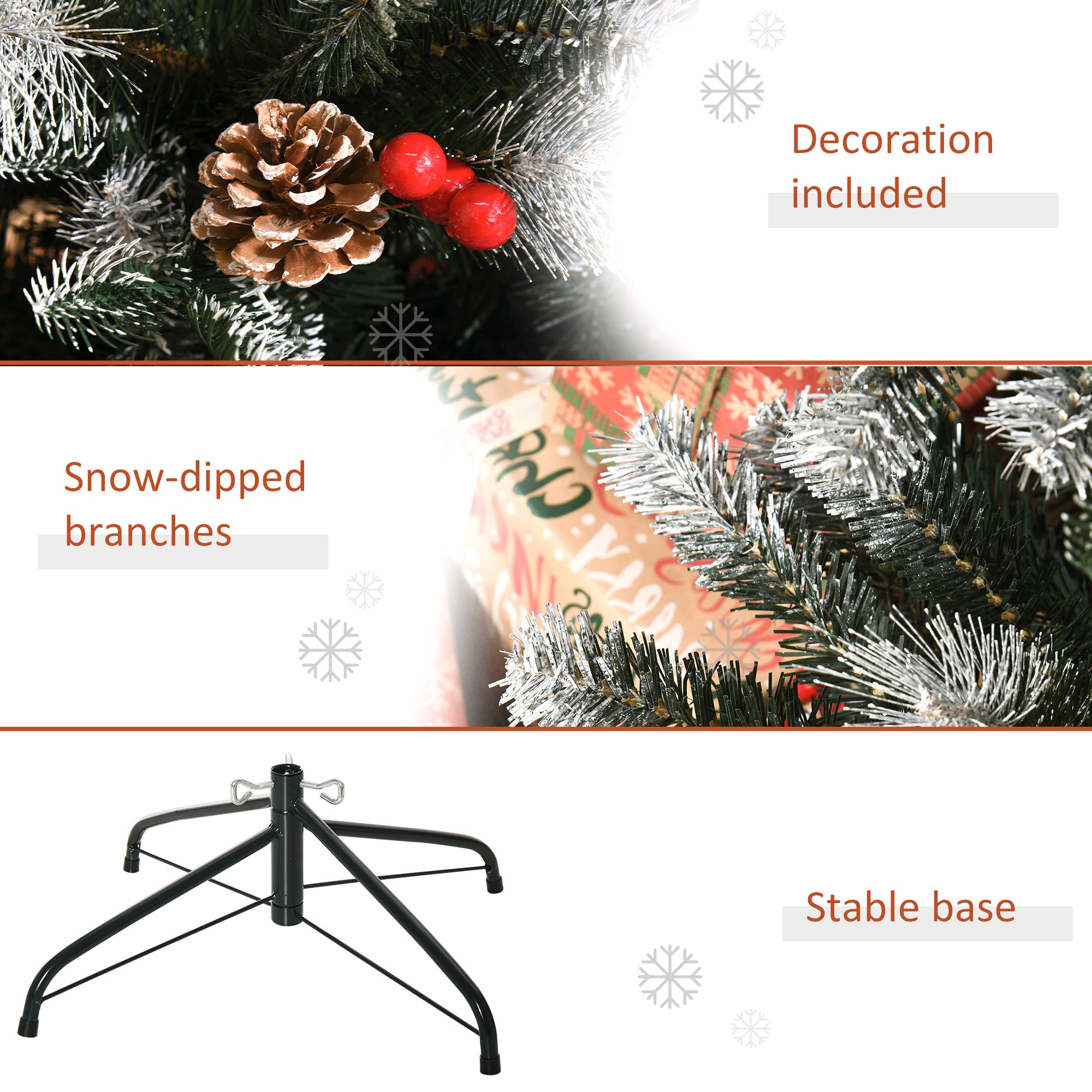 HOMCOM 6FT Artificial Snow Dipped Christmas Tree Xmas Pencil Tree Holiday Home Party Decoration with Foldable Feet Red Berries White Pinecones, Green - North Peak Garden Furniture