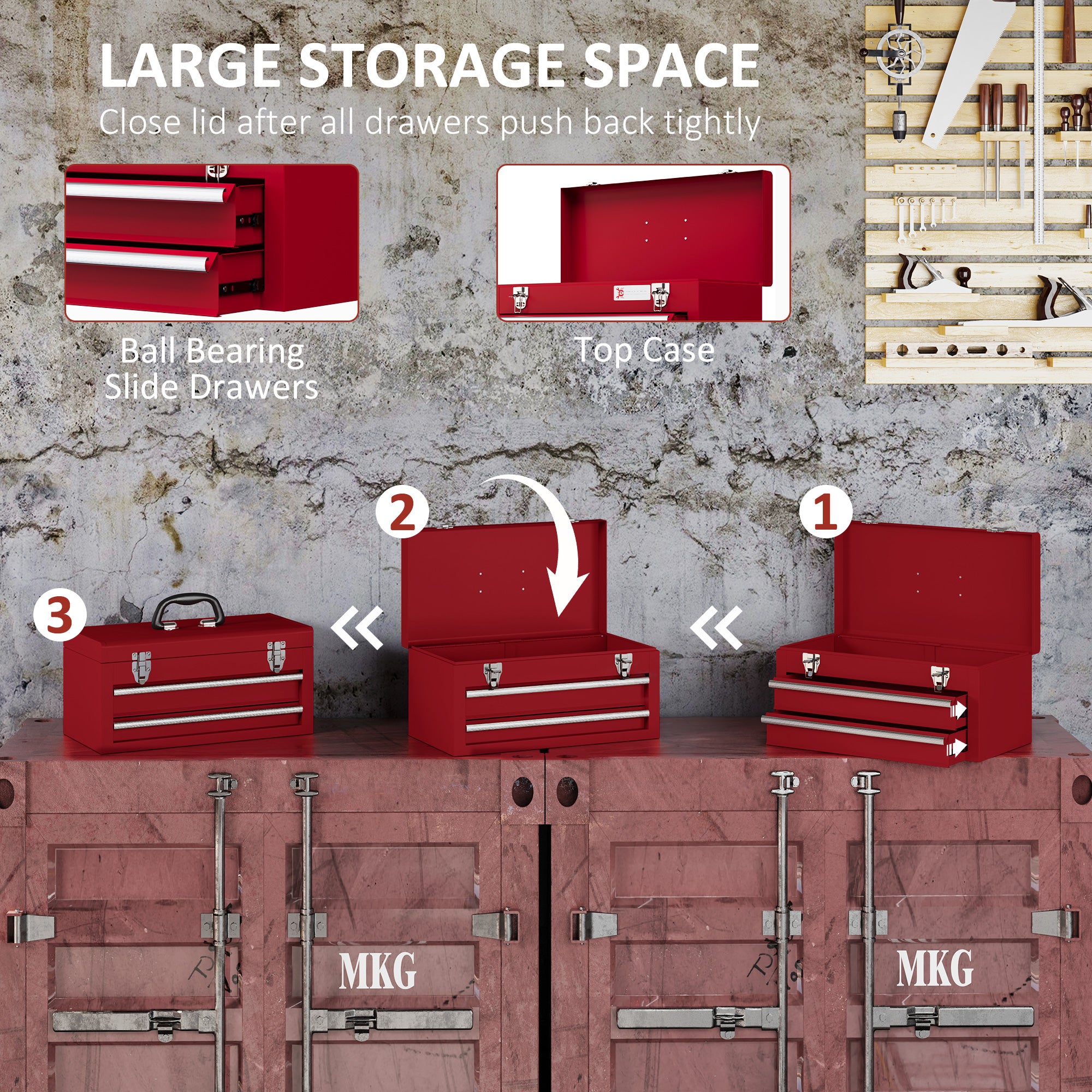 DURHAND Lockable Metal Tool Box, 2 Drawer Tool Chest with Latches, Handle, Ball Bearing Runners, Red - North Peak Garden Furniture