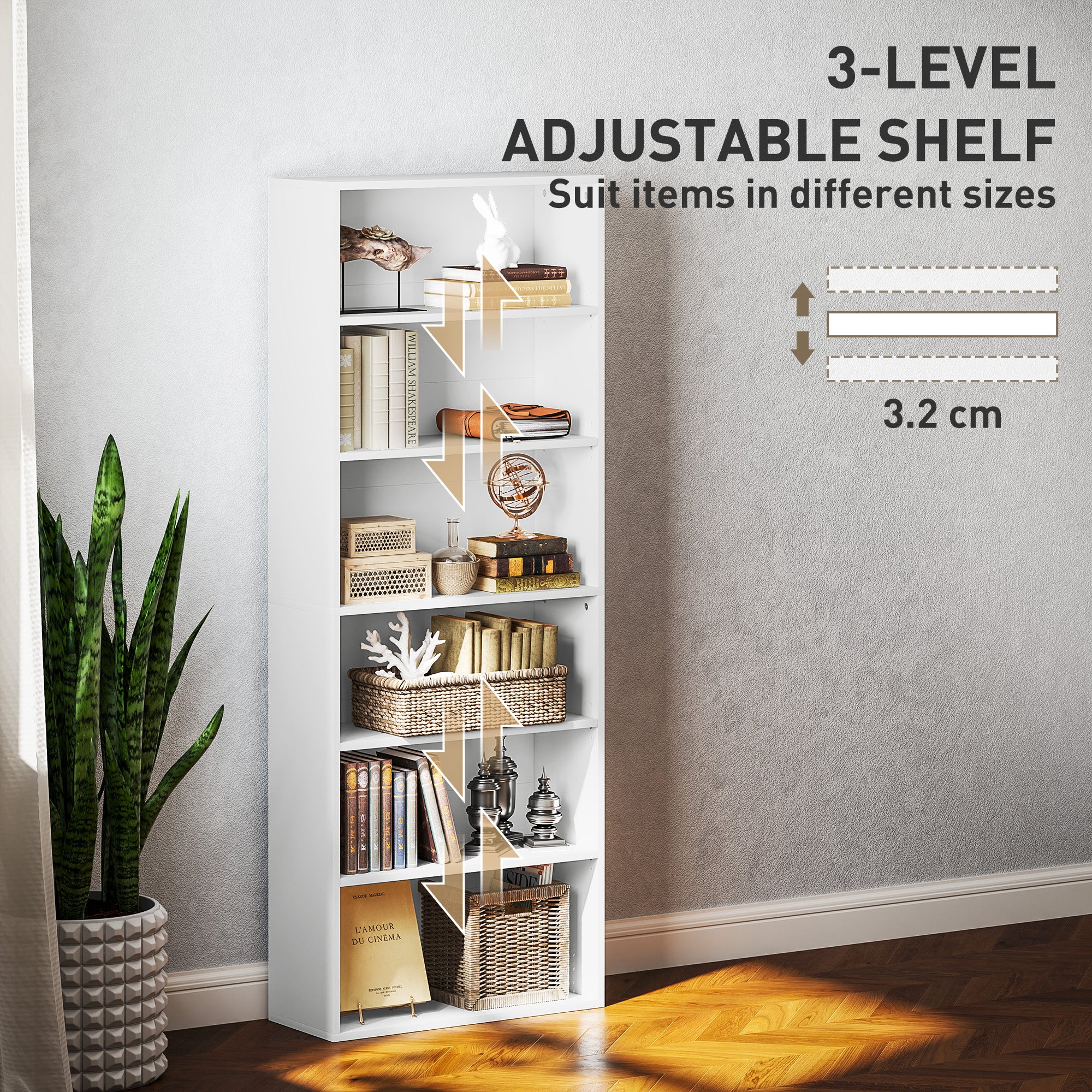 HOMCOM Six Shelf Bookcase - White - North Peak Garden Furniture