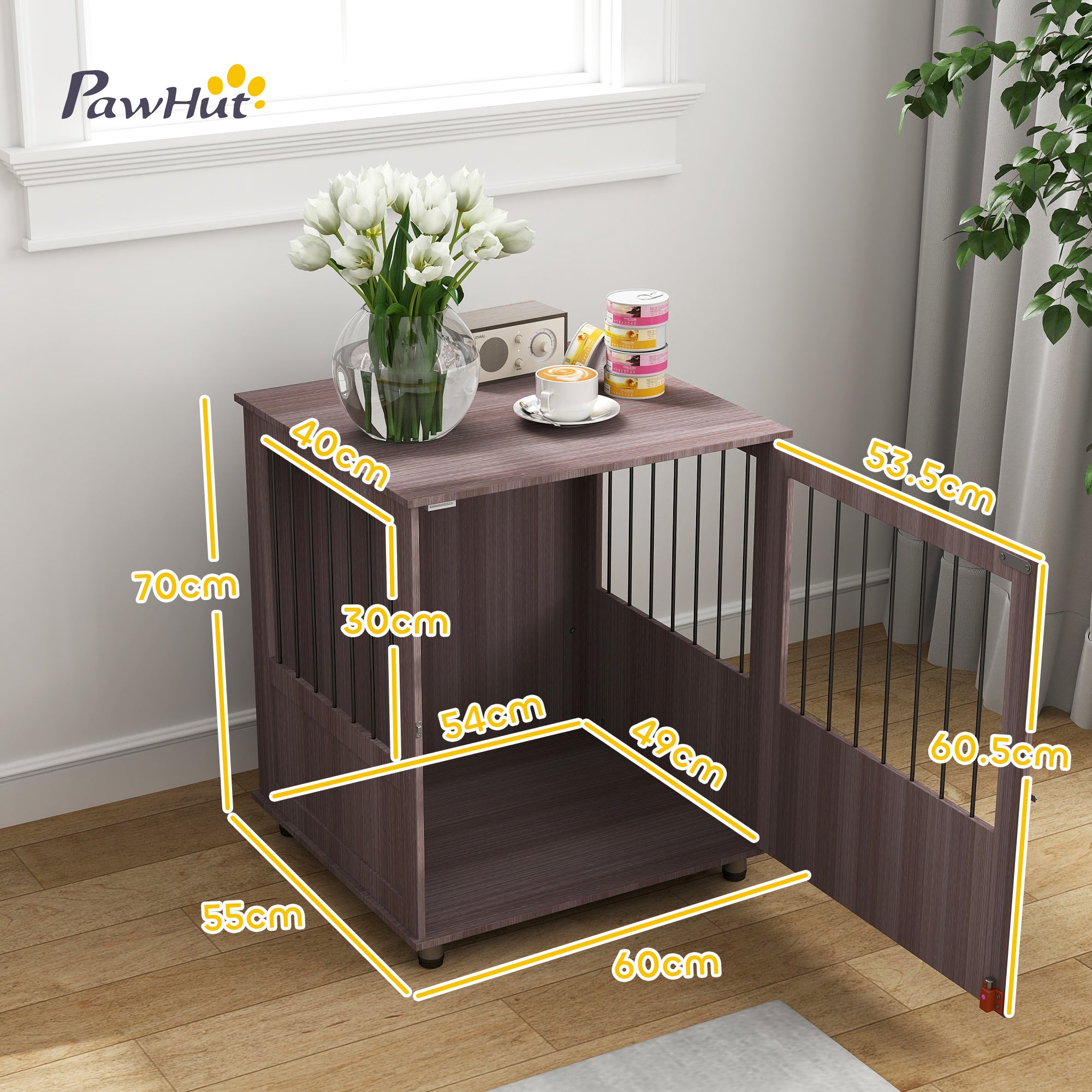 PawHut Dog Crate Table for Medium and Large Dogs with Magnetic Door for Indoor Use, 60 x 55 x 70 cm, Purple - North Peak Garden Furniture