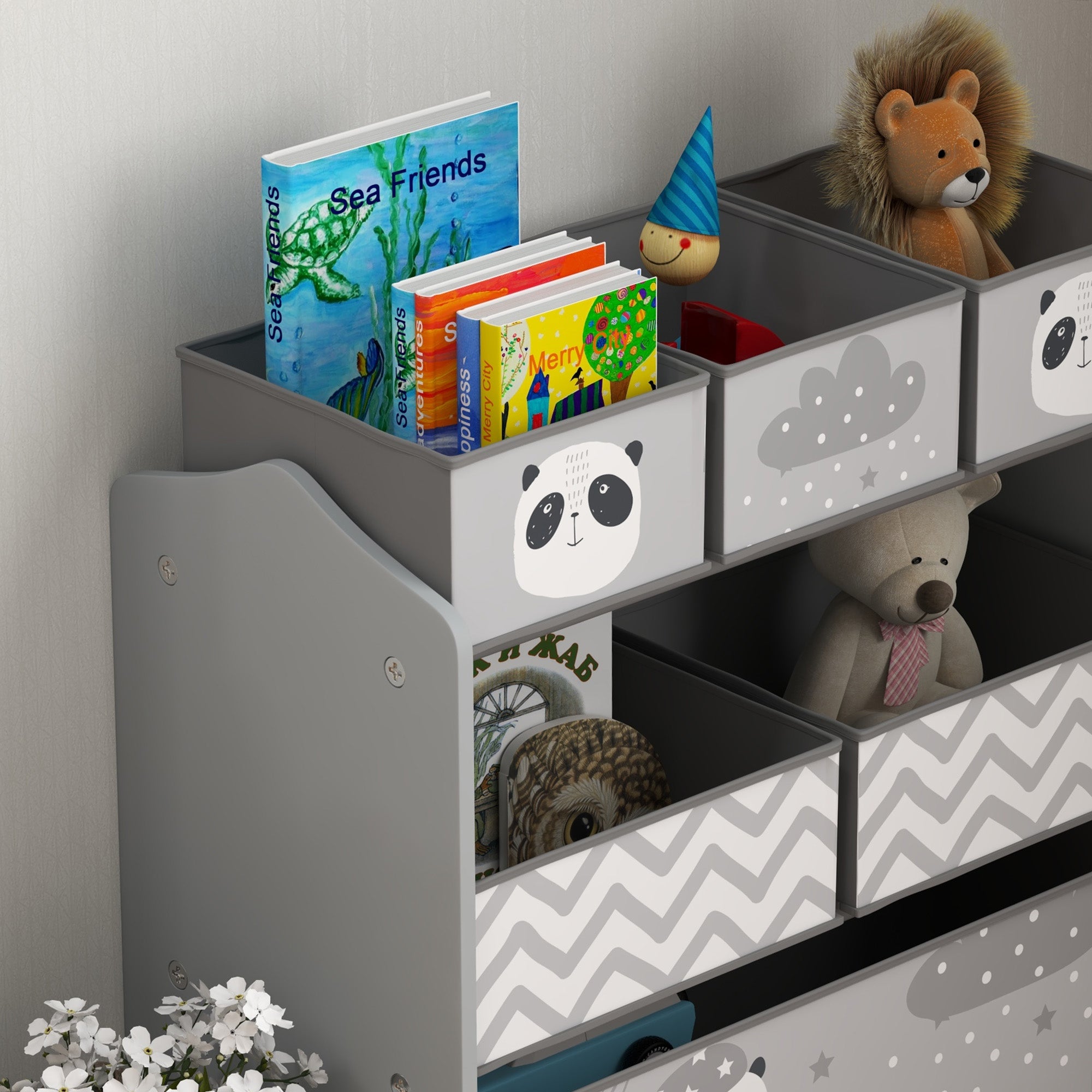 ZONEKIZ Kids Storage Unit, Toy Storage Organiser, with Six Fabric Bins, for Bedrooms, Playrooms, Nurseries - Grey - North Peak Garden Furniture