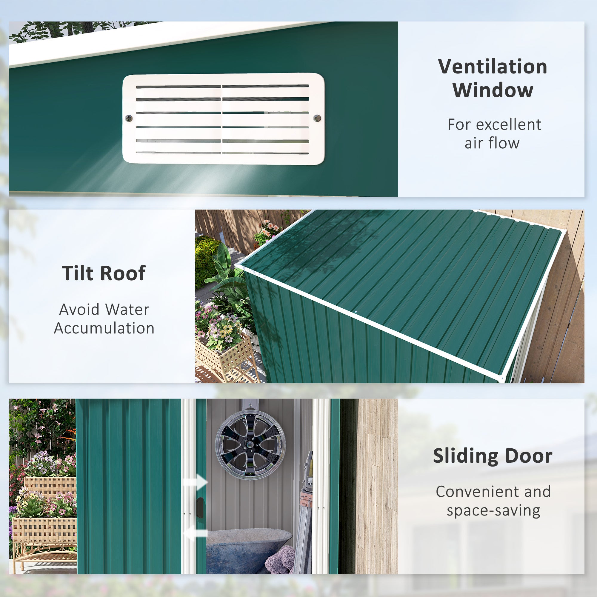 Outsunny 7 x 5ft Galvanised Metal Shed, with Sliding Door - Green - North Peak Garden Furniture