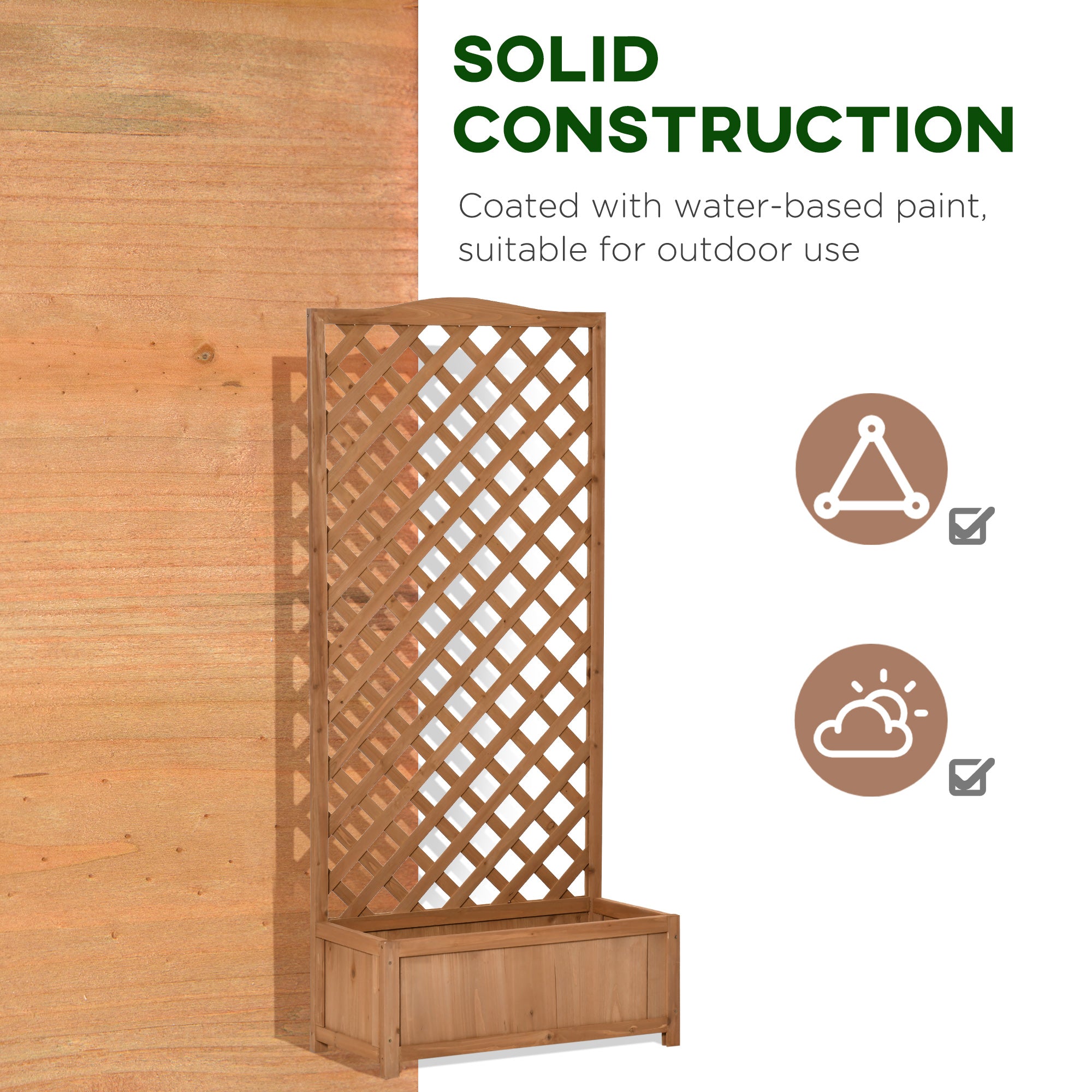 Outsunny 53L Garden Wooden Planter Box with Trellis Free Standing Flower Raised Bed with Lattice for Climbing Plants, 76cm x 36cm x 170cm, Brown