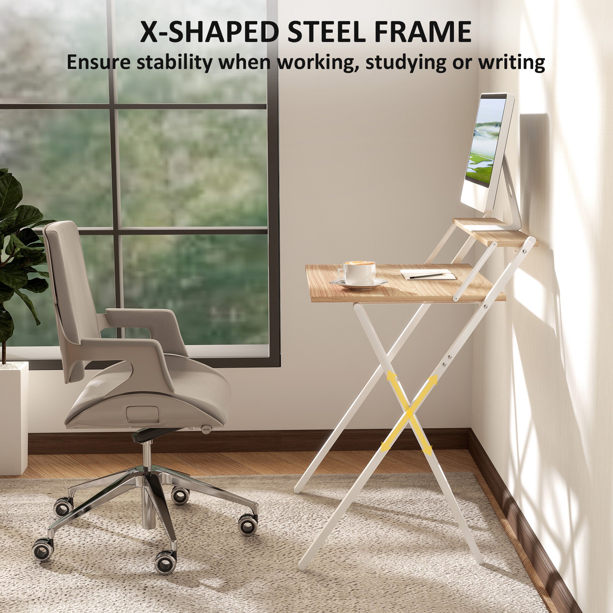 HOMCOM 70 cm Folding Computer Desk with Monitor Shelf - Natural Wood Finish - North Peak Garden Furniture