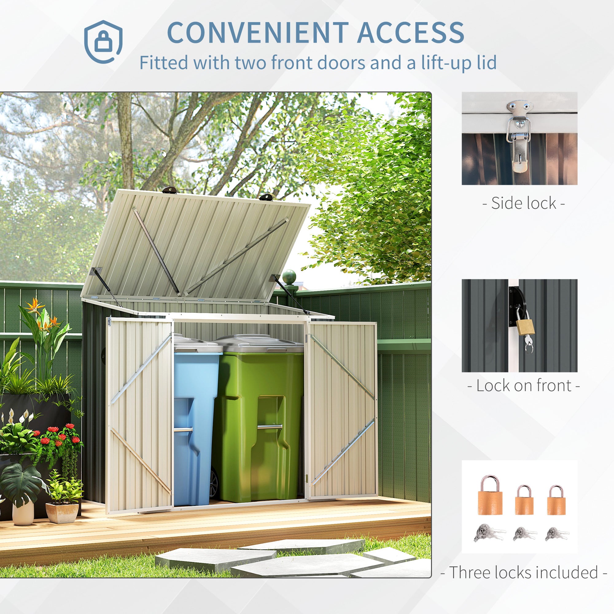 Outsunny 5ft x 3ft Garden 2-Bin Steel Storage Shed, Double Rubbish Storage Shed, Hide Dustbin w/ Locking Doors and Openable Lid - North Peak Garden Furniture