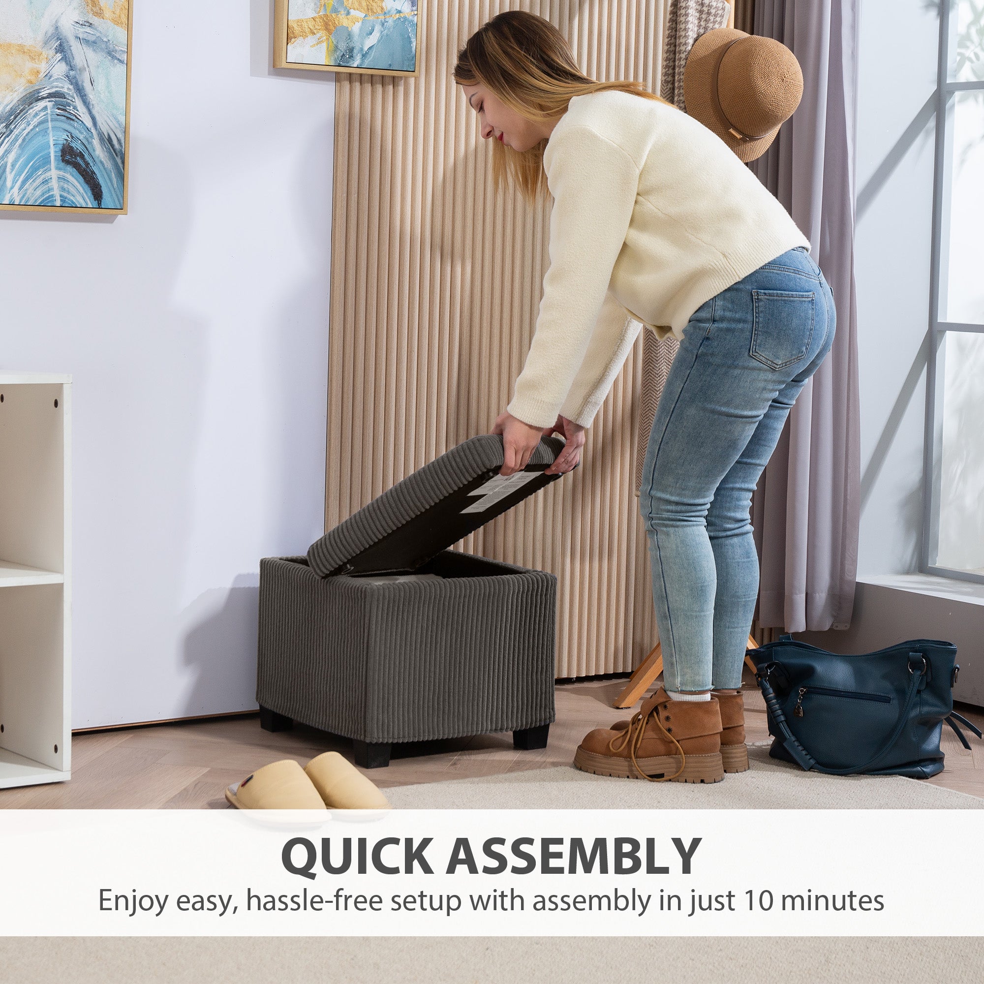 HOMCOM Storage Ottoman Bench, Corduroy Footstool with Removable Lid and Legs, 40cm Storage Chest Box for Living Room, Bedroom, Hallway, Grey - North Peak Garden Furniture