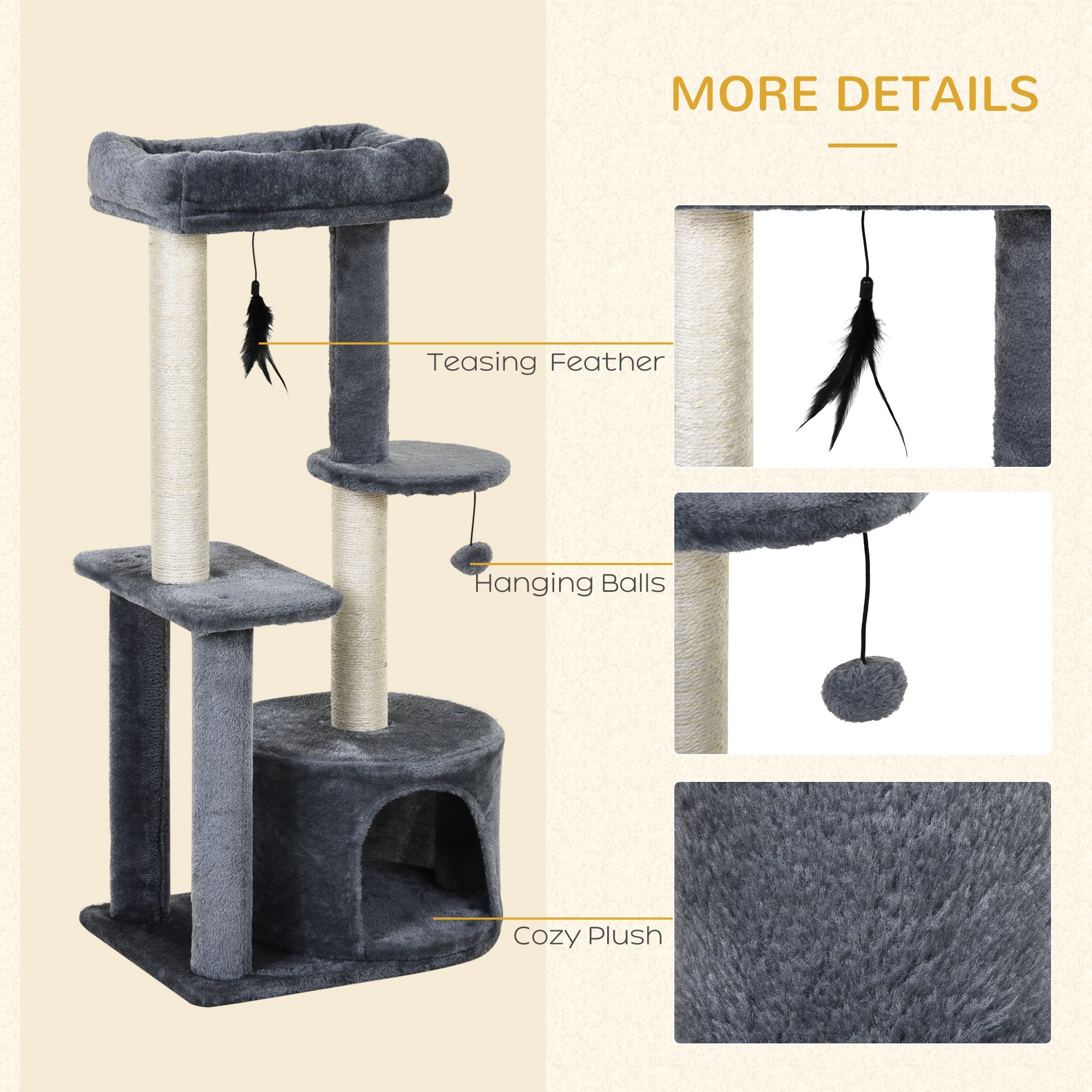 PawHut Cat Tree Tower: Multi-Activity Centre with Perch, House, Scratching Post, Play Ball & Rest Area, Grey & White