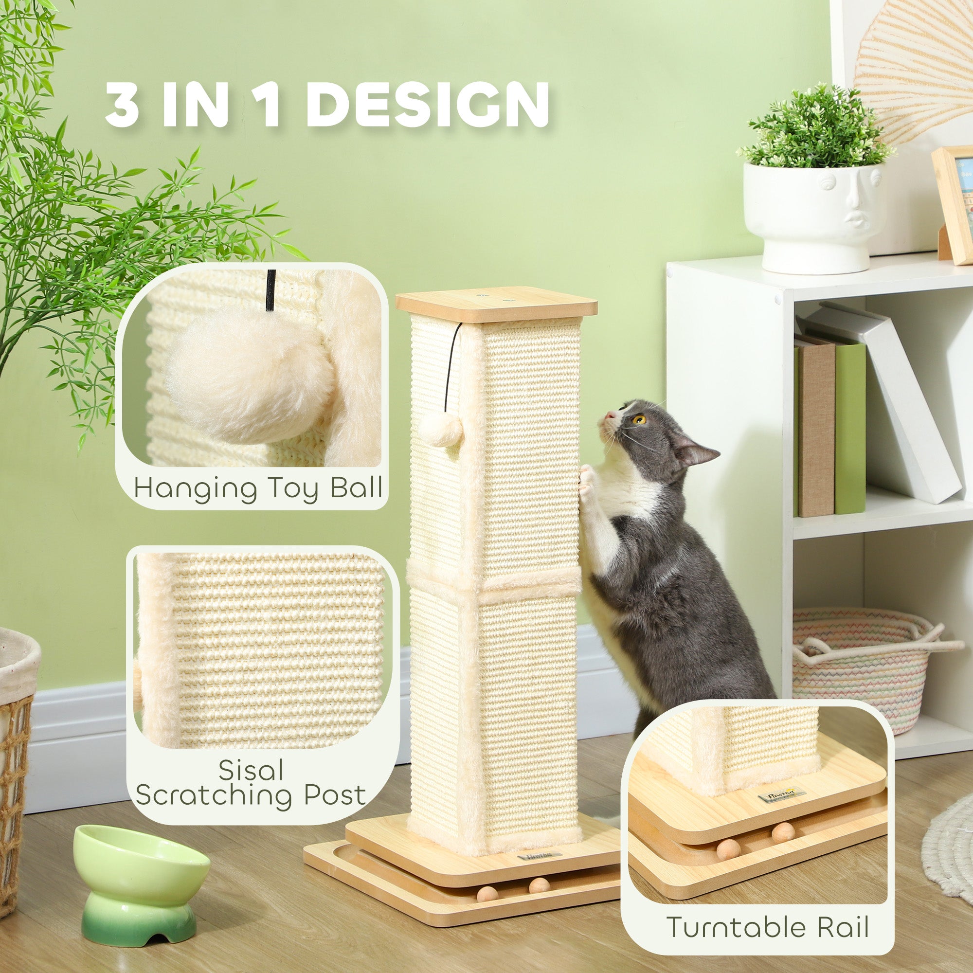 PawHut 3-in-1 Cat Scratching Post, 67cm Cat Scratcher w/ Track Ball Toy, Oak Tone - North Peak Garden Furniture
