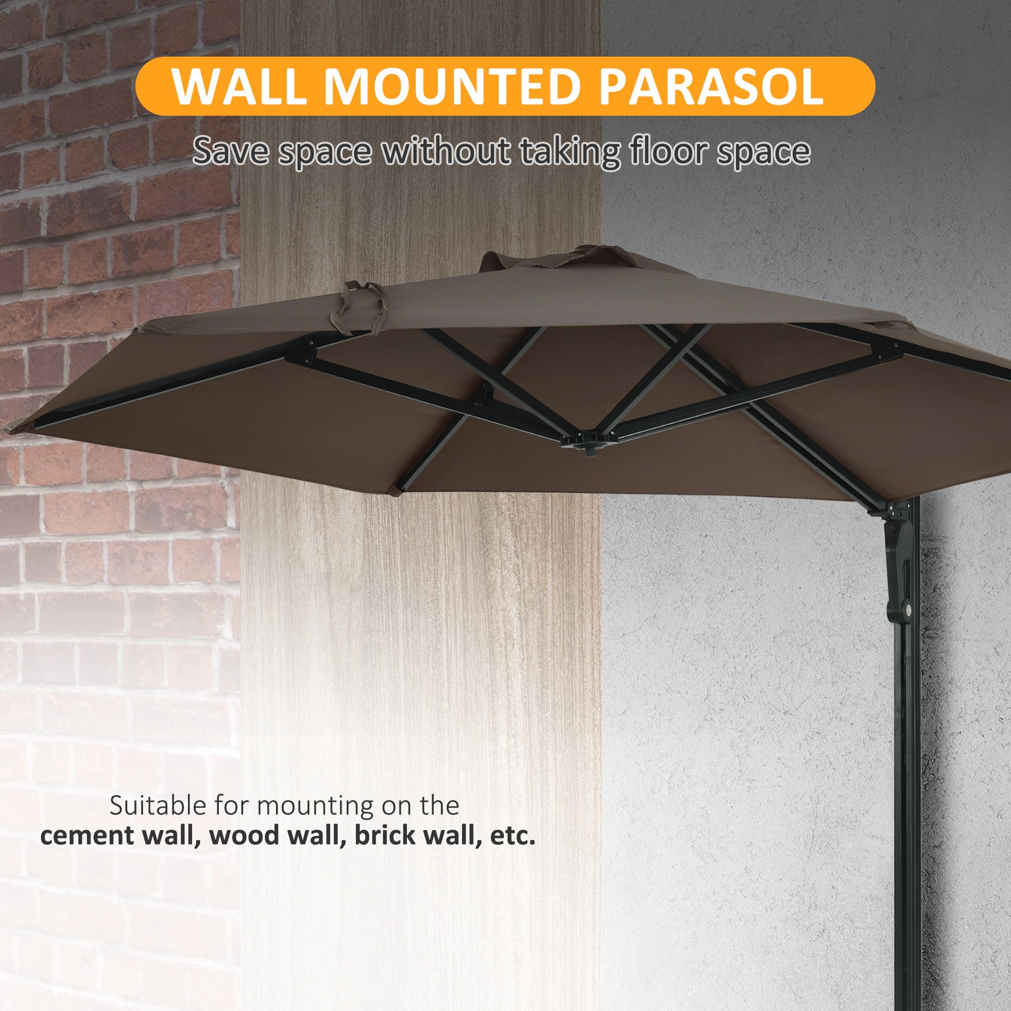 Outsunny 2.5m Wall Mounted Parasol, Hand to Push Outdoor Patio Umbrella with 180 Degree Rotatable Canopy for Porch, Deck, Garden, 250 cm, Khaki - North Peak Garden Furniture