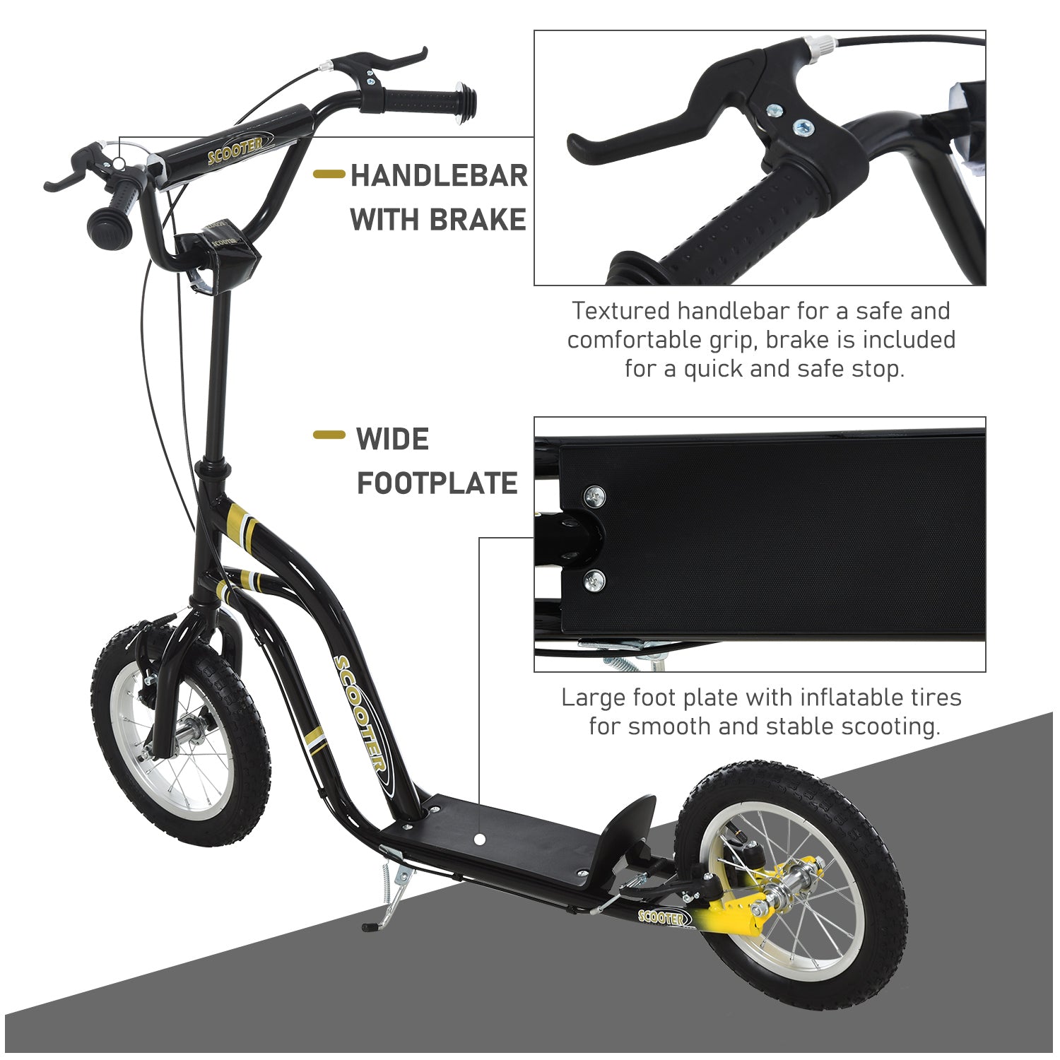 HOMCOM Teen Kids Stunt Scooter w/ Adjustable Handlebar, 12 Inch Rubber Tyres, Dual Brakes, Black - North Peak Garden Furniture