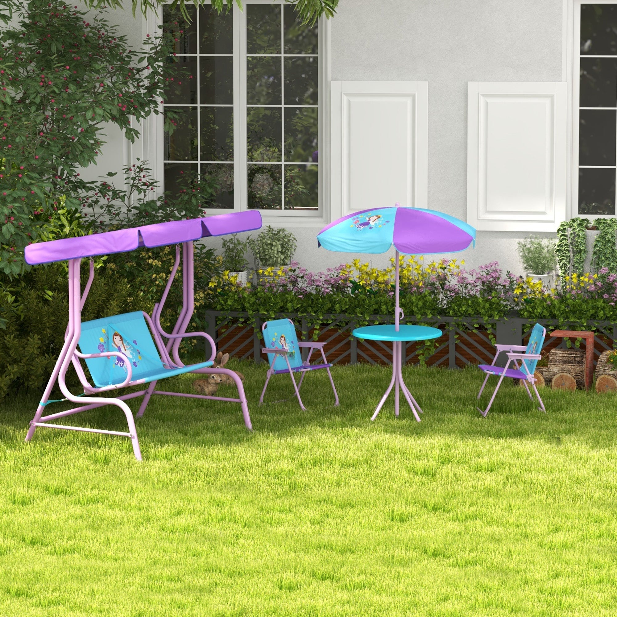 Outsunny 4PCs Kids Garden Furniture Set w/ 2 Seater Garden Swing Chair with Adjustable Canopy, Childrens Table and Chair Set with Parasol, for Toddler Girls 3-6 Years Old - North Peak Garden Furniture