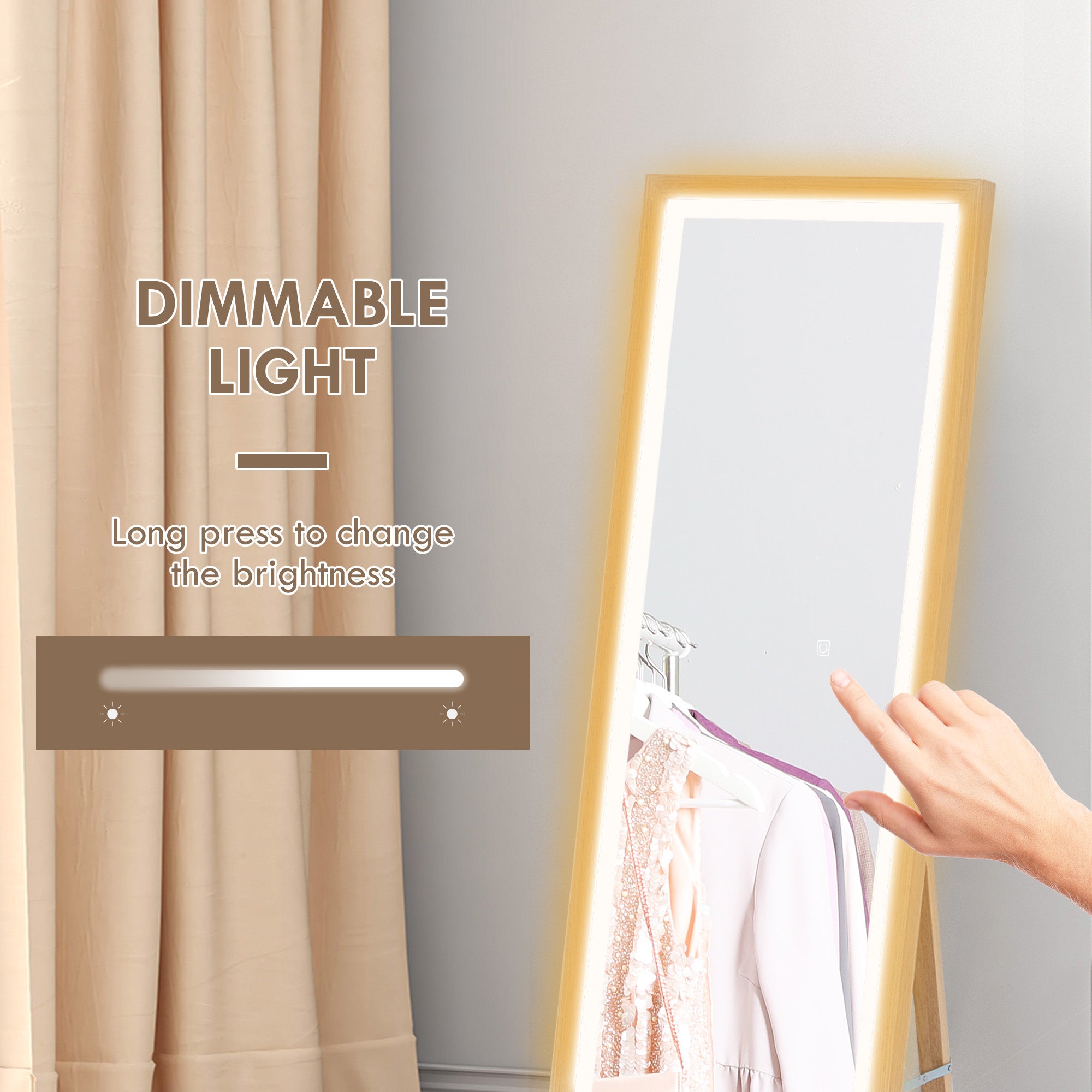 HOMCOM Full Length Mirror, with Adjustable Outer Light, Oak - North Peak Garden Furniture