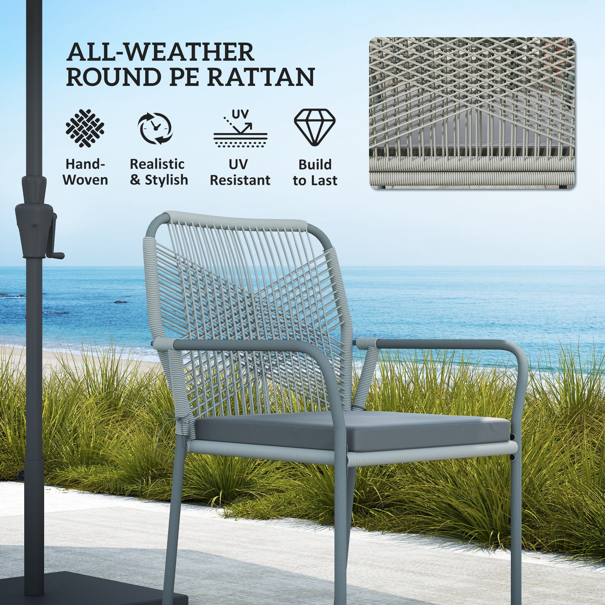 Outsunny Five-Piece PE Rattan Garden Dining Set with Cushions & Stackable Chairs - Light Grey - North Peak Garden Furniture