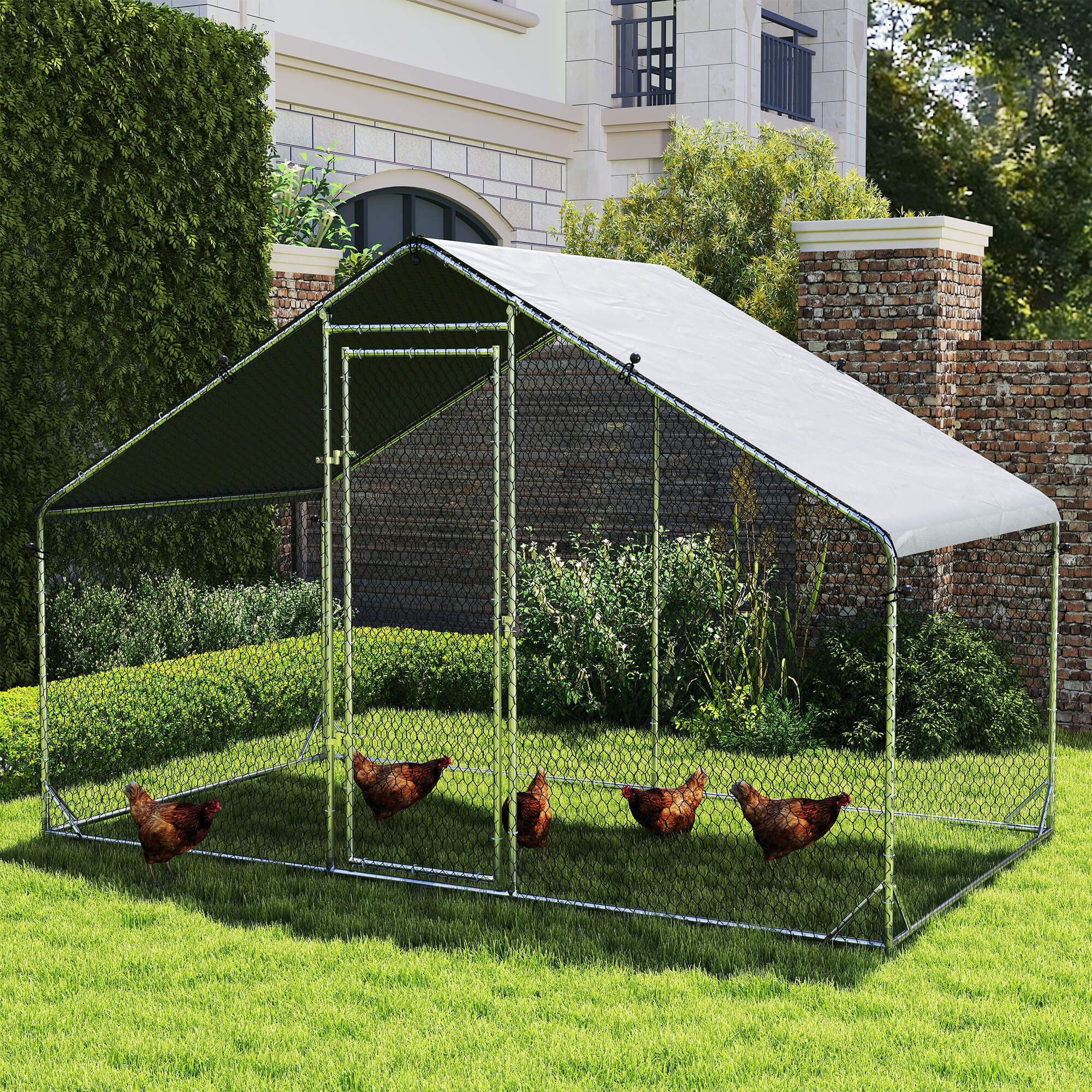 PawHut Galvanised Walk In Chicken Coop Hen House w/ Water-Resist Cover, 3 x 1.7 x 1.9m - North Peak Garden Furniture
