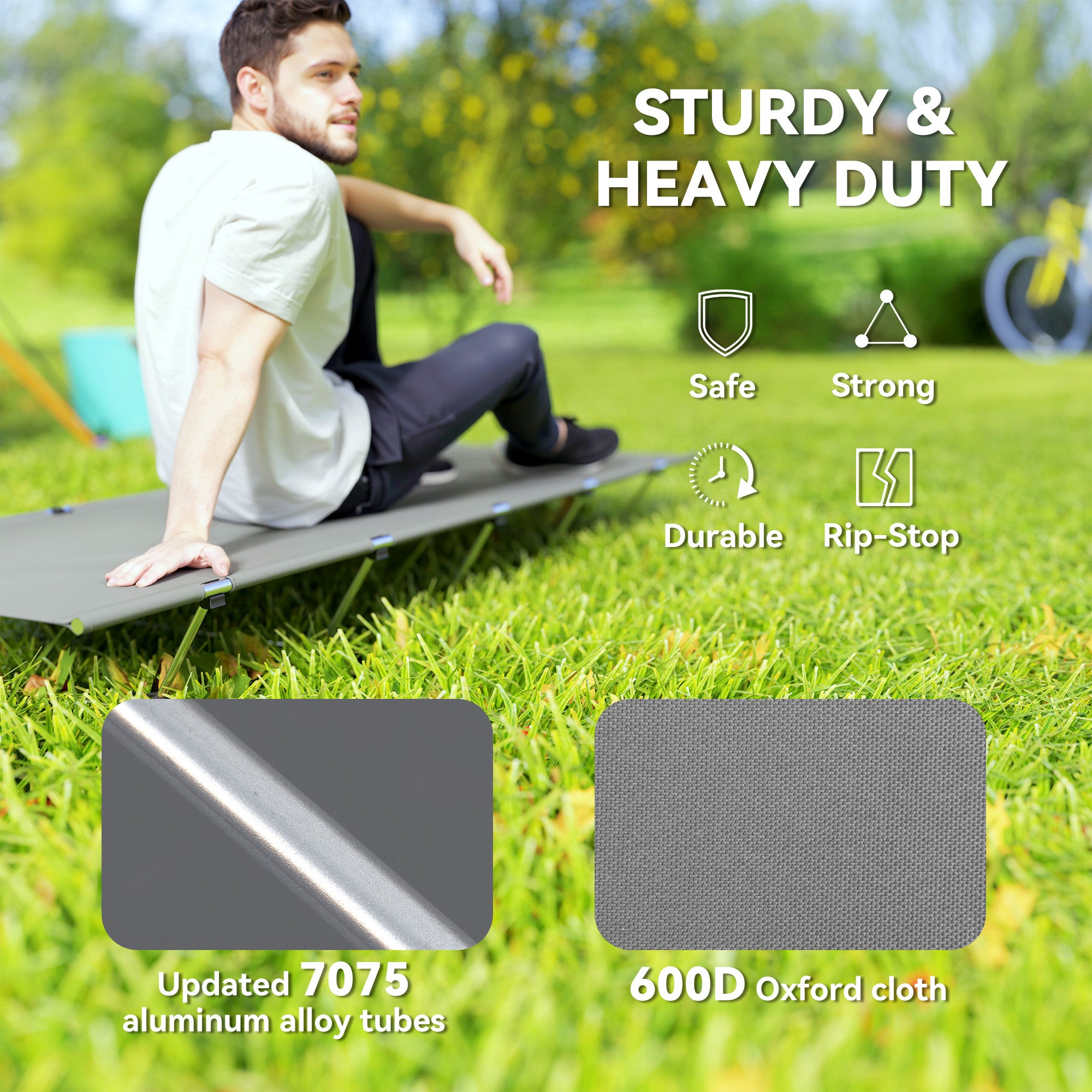 Outsunny Lightweight Camping Bed, Aluminium Portable Camp Cot w/ Strong Support 150kg and Carry Bag for Camping, Dark Grey - North Peak Garden Furniture