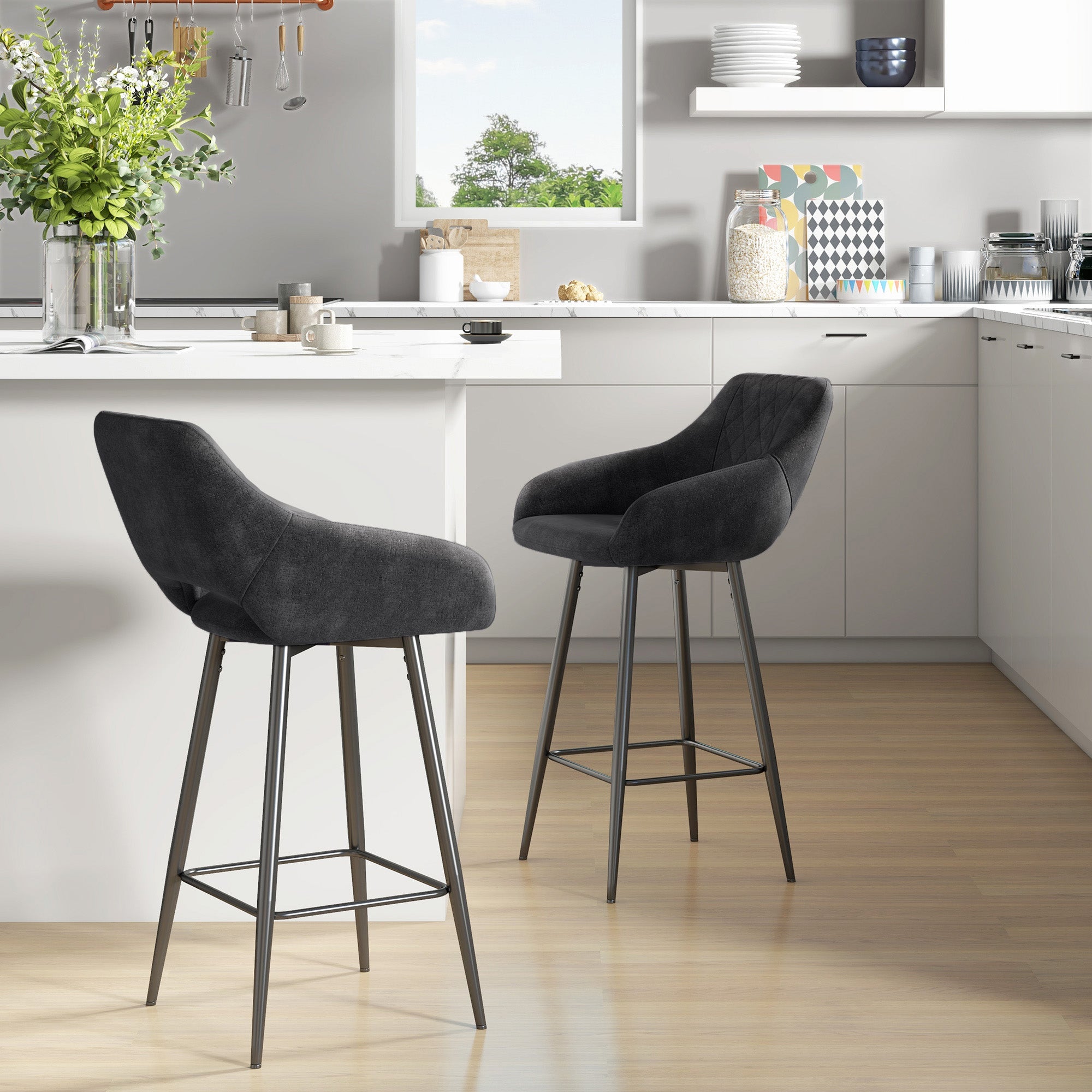 HOMCOM Set of Two Velvet-Feel Bar Stools - Grey - North Peak Garden Furniture