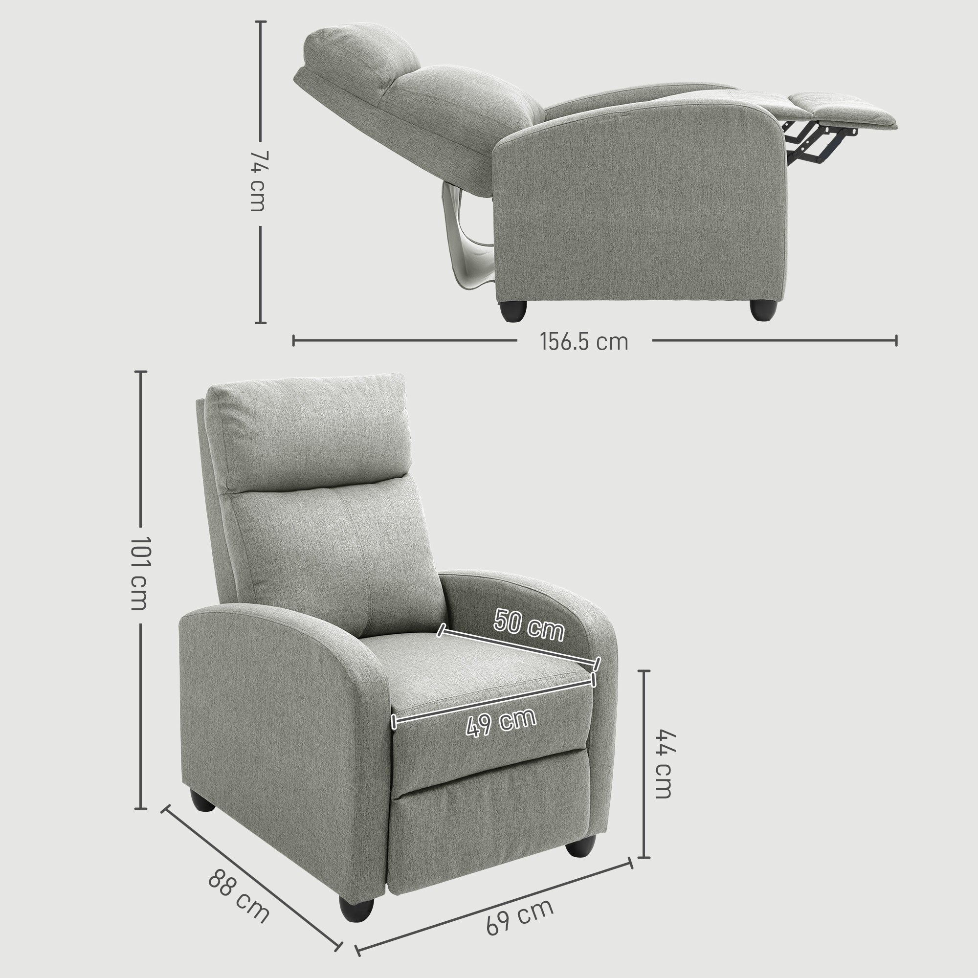 HOMCOM Push Back Recliner Armchair, Linen Fabric Manual Reclining Chair with Adjustable Footrest and Padded Seat for Living Room, Bedroom, Light Grey - North Peak Garden Furniture